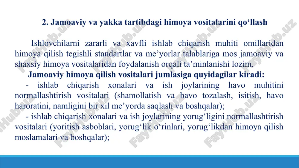 angan kislota yoki ishqorlar bilan oson yuvish mumkin. kislotalar va ishqorlar bilan ishlaganda xavfsizlik qoidalari qanday bo‘lsa, shunday qoidalarga idishlarni yuvganda ham amal qilish lozim. idishlarni yuvib bo‘lgandan keyin, yuvuvchi eritmalar aralashganda xavfli birikmalar hosil qilishi mumkinligi sababli, ularni ko‘p miqdor suv bilan chayish lozim. idishni yuvganda qo‘llarni issiq suv va o‘yuvchi moddalar eritmalaridan himoya qilish uchun rezinali qo‘lqoplar kiyish zarur. kuchli ta’sir ko‘rsatuvchi, zaharli, portlovchi va yonuvchan moddalar va eritmalar ishchi xonalarga faqat shu kungi ish jarayoni uchun yetarli miqdorda keltirilishi lozim. ish joyida yonuvchan xavfli moddalarning faqat shu vaqtda o‘tkazilayotgan tekshiruv uchun zaruriy miqdori bo‘lishi kerak. tez yonuvchan, portlovchi moddalarning kislotalar va ishqorlar bilan birga saqlanishi qat’iyan man qilinadi. 7. ishlab chiqarish uskunalariga qo‘yiladigan xavfsizlik talablari laboratoriya uskunalari va jihozlaridan foydalanilganda, ularni ishlab chiqargan tashkilot tomonidan uskunaga berilgan texnik-yorlig‘idagi qoidalarga (tavsiyanomalarga) qat’iy rioya qilish lozim. laboratoriyalarda nosoz elektr uskunalarda va jihozlarda ishlash qat’iyan man qilinadi. sentrifugalardan foydalanilganda quyidagilarni …
