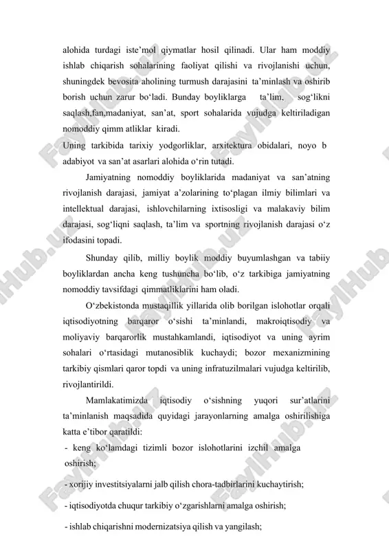 umumiy natijasi sifatida chiqadi va moddiy buyumlashgan shaklda namoyon bo‘ladi . u kishilarning ko‘plab avlodi mehnati natijasi hisoblanadi . aytilganlardan kelib chiqib , milliy boylikni shartli ravishda quyidagi uchta yirik tarkibiy qismlarga ajratish mumkin : 1.moddiy buyumlashgan boylik . 2. nomoddiy boylik . 3. tabiiy boylik . https://fayllar.org/tr-fio-test-natijasi-suhbat-natijasi-umumiy-natijasi.html https://fayllar.org/tr-fio-test-natijasi-suhbat-natijasi-umumiy-natijasi.html https://fayllar.org/lazer-kogerent-nurlanish-chiqaruvchi-elektr-optik-qurilmadir-a-v3.html moddiy buyumlashgan boylik oxiri oqibatda ishlab chiqarishning , unumli mehnatining natijasi hisoblanadi . u ishlab chiqarishda yaratilgan mahsulotlarning joriy iste’mol qilishdan ortiqcha qismini jamg‘arish oqibatida vujudga keladi va o‘sib boradi . ammo moddiy buyumlashgan boylikni qator yillardagi yillik yalpi mahsulotlar yig‘indisi sifatida tasavvur qilish noto‘g‘ri bo‘lur edi . chunki bu boylikning bir qismi har yili ishdan chiqib , qaytadan yangilanib turadi ( ishlab chiqarish vositalari , iste’mol buyumlari ). shu sababli ishlab chiqarish vositalarining o‘rnini qoplash bilan bir vaqtda yalpi mahsulotning faqat bir qismi moddiy buyumlashgan boylik sifatida jamg‘arilib boriladi . demak , qoplash fondi va moddiy buyumlashgan boylikning o‘sishi …