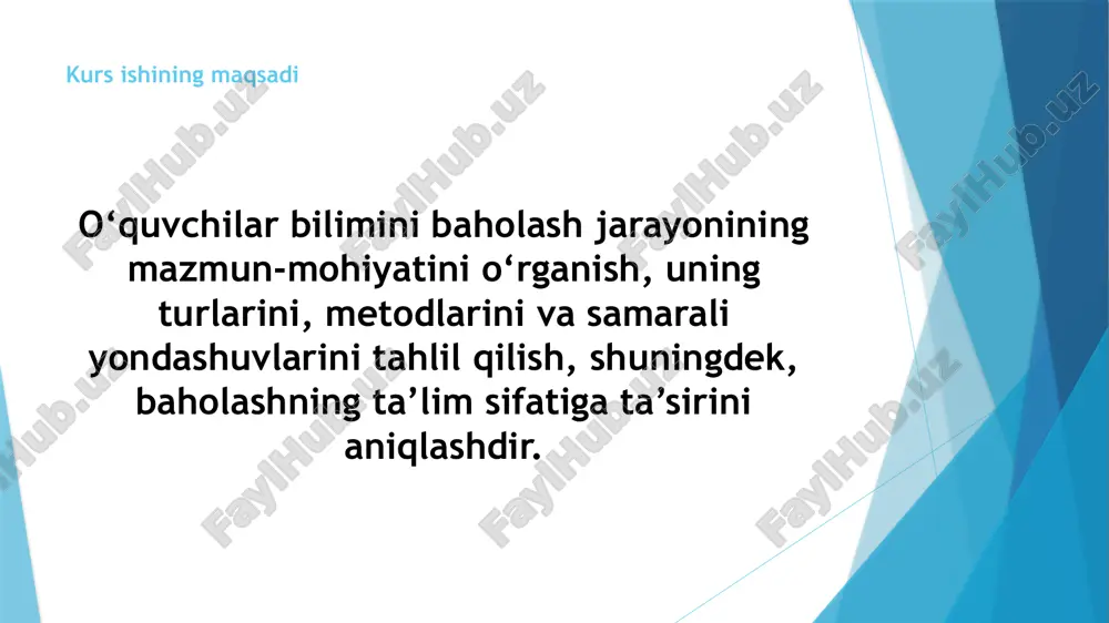 ni tahlil qilish va bilimini baholashning shakl va metodlari o‘quvchilar bilimini baholash metodikasi xilma-xil va boydir. har bir metodning o‘z afzallik va kamchiliklari mavjud bo‘lib, ularni to‘g‘ri tanlash va kombinatsiyalash orqali ta'lim jarayonini samarali tashkil etish mumkin. o‘qituvchilar ushbu metodlardan foydalanib, o‘quvchilarning bilimlarini to‘g‘ri va adolatli baholashlari, shuningdek, ularni o‘zlashtirish jarayonini yaxshilashlari mumkin. xulosa: o‘quvchilar bilimini baholash ta’lim jarayonining ajralmas qismi bo‘lib, uning samarali amalga oshirilishi o‘quvchilarning bilim, ko‘nikma va malakalarini rivojlantirishda muhim ahamiyatga ega. baholashning nazariy asoslari, tamoyillari va usullari ta’lim tizimining sifatini oshirishga xizmat qiladi. o‘quvchilarning bilimini baholashda joriy, oraliq, bosqichli va yakuniy nazorat turlari, shuningdek, test sinovlari, amaliy ishlar, o‘z-o‘zini baholash va hamkorlikda baholash kabi usullar qo‘llaniladi. ushbu usullar o‘quvchilarning bilim darajasini aniqlash, ta’lim jarayonini boshqarish va pedagogik faoliyatni takomillashtirishda muhim vositalardir.baholashning samarali amalga oshirilishi uchun o‘quv maqsadlariga asoslanganlik, haqiqiylik, haqqoniylik, ishonchlilik va qulaylik kabi tamoyillarga amal qilish zarur. bu tamoyillar baholash jarayonining adolatli, obyektiv va samarali …