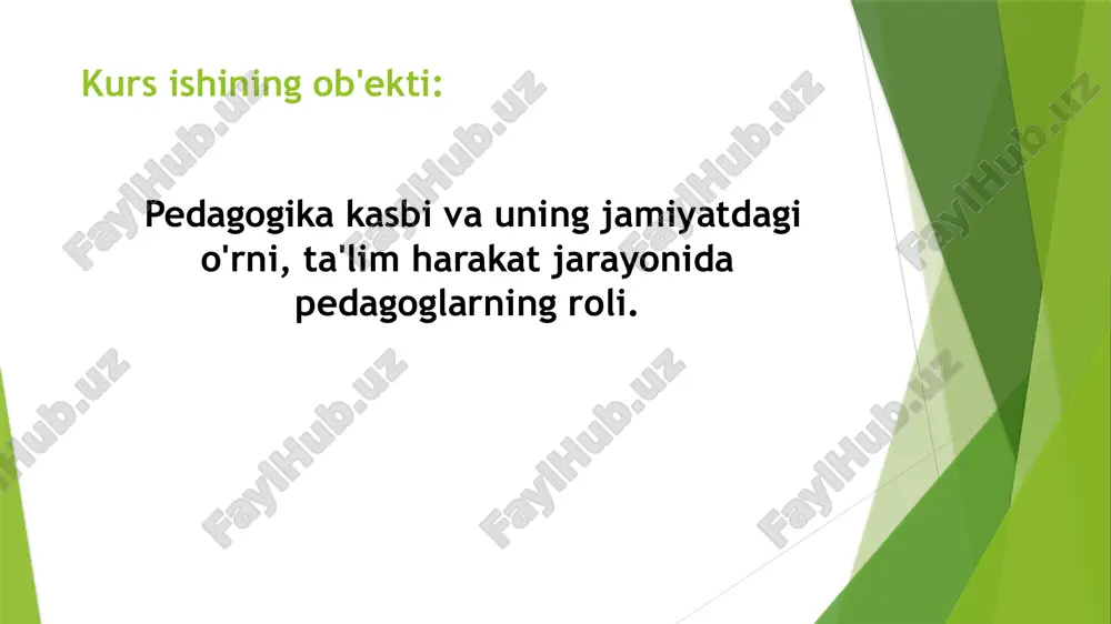 ga javob berishi, uning sifati va pedagoglarning malakasi jamiyatning rivojlanishida beqiyos ahamiyatga ega. shuning uchun pedagog kasbining jamiyatdagi o‘rnini yanada mustahkamlash uchun ta'lim tizimi, pedagoglarning kasbiy tayyorgarligi, ularning ijtimoiy holati, ish sharoitlari va mehnatiga baho berish masalalariga alohida e'tibor qaratish zarur. prezidentning ta'lim sohasidagi siyosati va qabul qilgan qarorlari pedagog kasbining jamiyatdagi o‘rni va ahamiyatini yanada kuchaytirishga xizmat qilmoqda.shuningdek, pedagog kasbining jamiyatdagi roli o‘zgaruvchan ijtimoiy sharoitlarga qarab yangi yo‘nalishlar, metodlar va yondashuvlarni talab etadi. jamiyatning ma'naviy va ilmiy rivojlanishida pedagoglar, ayniqsa, yosh avlodni zamonaviy bilim va qadriyatlar bilan ta'minlashda o‘z ta'sirini ko‘rsatadilar. shunday qilib, pedagog kasbining jamiyatdagi o‘rni har doim ham dolzarb bo‘lib, u ijtimoiy taraqqiyotning poydevori bo‘lib qoladi.umuman olganda, pedagog kasbining jamiyatdagi o‘rnini tushunish, uning rivojlanishiga hissa qo‘shish va ta'lim tizimining samaradorligini oshirish nafaqat ta'lim tizimi, balki jamiyatning ijtimoiy va iqtisodiy rivojlanishi uchun ham muhimdir. foydalanilgan adabiyotlar 1.jalilov, m. & to‘xtasinov, a. (2019). pedagogika nazariyasi va amaliyoti. tashkent: “o‘zbekiston” …