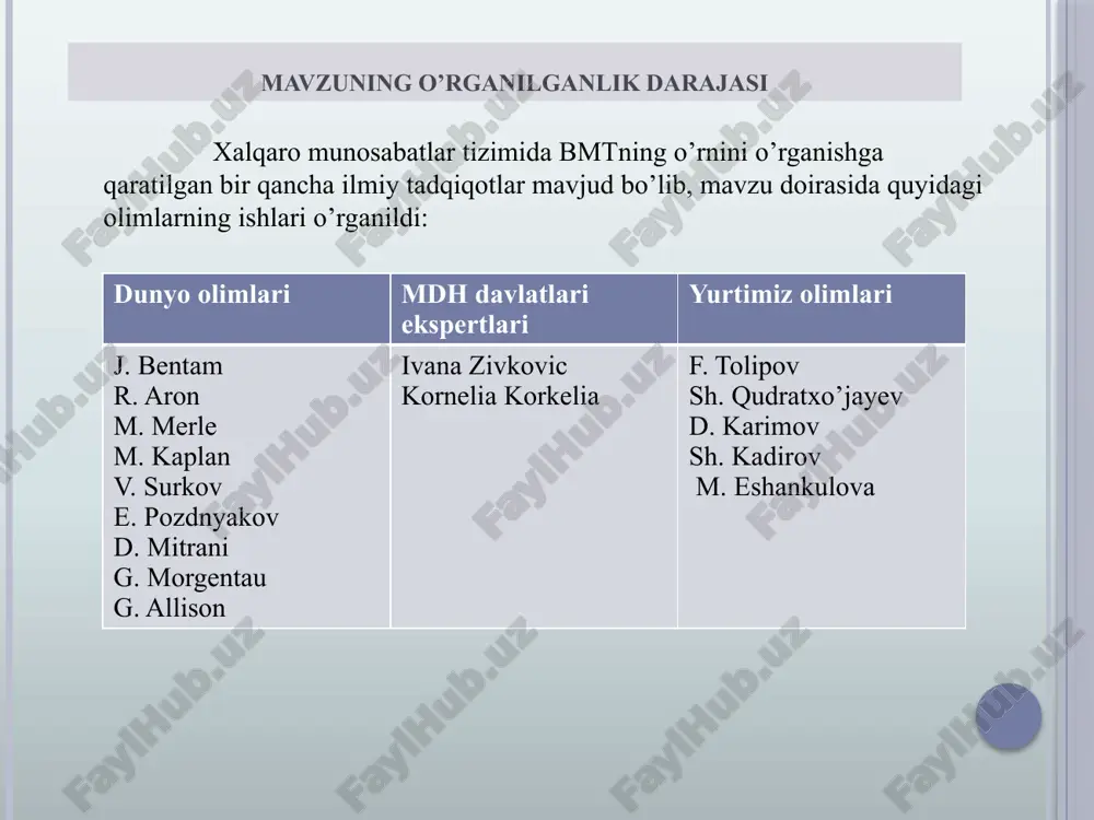 rganlar tashkilot bilan maxsus bitimlar orqali bog’langan. ular alohida mustaqil byudjetga va rahbar organlariga ega bo’ladilar hamda o’z faoliyat yo’nalishlarini mustaqil belgilay oladilar ii jahon urushidan so’ng, “sovuq urush” davri mobaynida tashkil topgan ushbu xalqaro tashkilotning asosiy maqsadlaridan biri xavfsizlikni ta’minlashga qaratilgan bo’lib, “qurolsizlanish” siyosati bo’yicha bir qator harakatlarni amalga oshirgan. yadroviy, biologik va kimyoviy qurollardan foydalanishni cheklash bmtga a’zo mamlakatlar tomonidan bir qancha hujjatlar orqali ma’qullangan. bunda hamkorlikda ishlash muhim bo’lib, a’zo mamlakatlardan alohida mas’uliyat talab etadi. shu bilan birgalikda, tashkilot qoshidagi “qurolsizlanish” yuzasidan amalga oshirilayotgan sa’y-harakatlarni yo’naltirishga qaratilgan, tartibga soluvchi hamda nazorat qiluvchi muassasa-tashkilotlar ham unga yaqindan ko’mak beradi. o’zbekiston respublikasi xalqaro hamjamiyatning suveren tengligi va mustaqilligi prinsipi asosida birlashgan millatlar tashkilotining to’laqonli a’zosi sanaladi. 1992-yil 2-mart kuni mazkur tashkilotga rasman a’zo sifatida qo’shildi. bu voqeadan bir yil o’tgach, 1993-yil 24-avgust kuni toshkent shahrida bmtning vakolatxonasi ochildi. davlatimiz bmt nizomi, inson huquqlari umumjahon deklaratsiyasi va boshqa shu kabi …