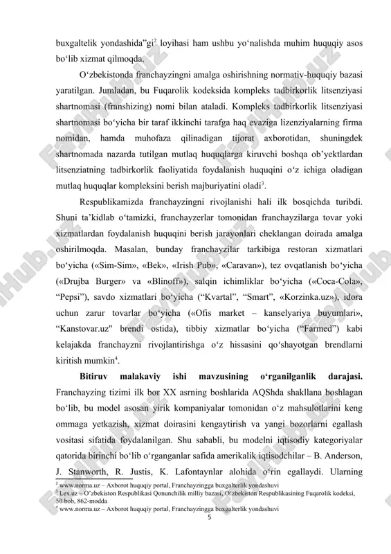 nidan franchayzing faoliyatiga oid tahliliy hisobotlar tayyorlangan. o‘zbekistonlik iqtisodchi olimlar – a. mavlonov, s. abdurahmonov, n. yusupov, g. xakimova, b. jo‘rayevlarning ilmiy maqola va izlanishlarida franchayzing tizimining rivojlanish istiqbollari, xususiy tadbirkorlikda qo‘llanilish mexanizmlari va mavjud muammolar yuzasidan nazariy va amaliy mulohazalar bayon qilingan. shu bilan birga, turli xalqaro tashkilotlar, xususan undp, usaid, giz tomonidan franchayzingga oid tahliliy hisobotlar ham chop etilgan bo‘lib, ular bu modelning iqtisodiy samaradorligini mintaqaviy kontekstdan kelib chiqib baholashga yordam beradi. bitiruv malakaviy ishining maqsadi va vazifalari. ushbu bitiruv malakaviy ishining asosiy maqsadi — o‘zbekiston sharoitida savdo tarmoqlarini kengaytirishda franchayzing tizimining iqtisodiy ahamiyatini nazariy va amaliy jihatdan chuqur tahlil qilish, franchayzingning afzalliklari, amaliy qo‘llanilishi va istiqbollari asosida ilmiy asoslangan xulosalar hamda takliflar ishlab chiqishdan iborat. belgilangan maqsadga erishish uchun quyidagi vazifalarni hal etish ko‘zda tutilgan: · franchayzing tizimining mazmuni, shakllari va rivojlanish bosqichlarini nazariy jihatdan tahlil qilish; · franchayzing asosida savdo tarmoqlarini kengaytirishning iqtisodiy mohiyati va o‘ziga …