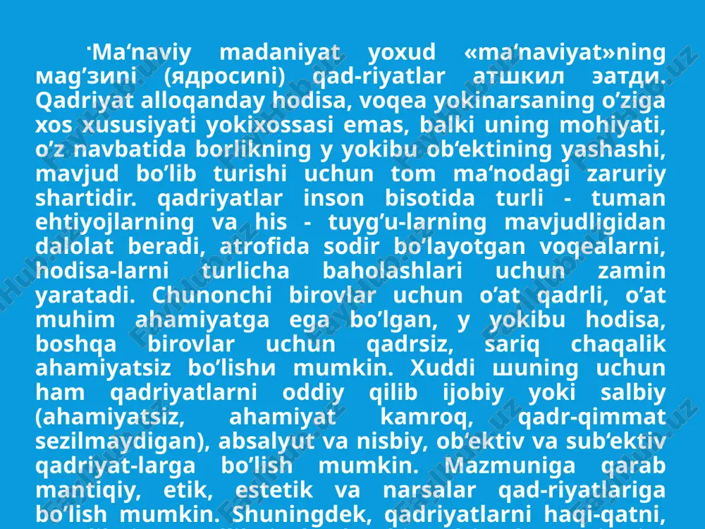 ’shgan hissasini, ulushini ifodalaydi. umuminsoniy qadriyatlar esa barcha millat vakillariga xos bo’lgan qadriyatlarni ifodalaydi. e’tiborlaringiz uchun raxmat! image2.jpeg image3.jpeg image4.jpeg image5.jpeg image6.jpeg image7.jpeg image8.jpeg /docprops/thumbnail.jpeg