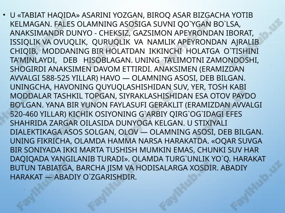 rlarda yashab o‘tgan buyuk faylasuflar sirasiga kiradi. arastu faylasuf aflotun huzurida yigirma yilga yaqin ta'lim oladi. aflotun vafot etgandan so‘ng arastu o‘z ta'lim uslubini rivojlantira boshlaydi. u amalda inson duch keladigan barcha muammolar bilan qiziqardi. aql qay tarzda ishlaydi? haqiqat qayerda-yu yolg‘on qayerdaligini qanday ajratib olishimiz mumkin? hokimiyatning qanday shakli afzalroq? arastu atrof muhitni kuzatgan va dalillar to‘plagan holda bu savollarga javob topishga intildi. u har bir hodisa o‘zining mantiqiy izohiga ega deb hisoblagan hamda tadqiqotlar va kuzatuvlardan hu$sm chiqarib, uni ta'riflab bergan ilk olimlar qatorida turadi. . arastu . arastu o‘z maktabiga asos soladi va unga «liseum» deb nom beradi. u har bir kishi yaxshi va foydali yashab o‘tish imkoniyatini bilish yo‘li bilan olamda o‘z o‘rnini egallashi mumkinligiga ishontirishga harakat qiladi. u yoshlik va qarilik oralig‘idagi umrga — «oltin o‘rtalik»ka ishonardi. guvohlik berishlaricha, arastu astronomiya, fizika, poeziya, zoologiya, notiqlik san'ati, biologiya, mantiq, siyosat, boshqaruv, axloq ilmi bo‘yicha to‘rt yuzga …