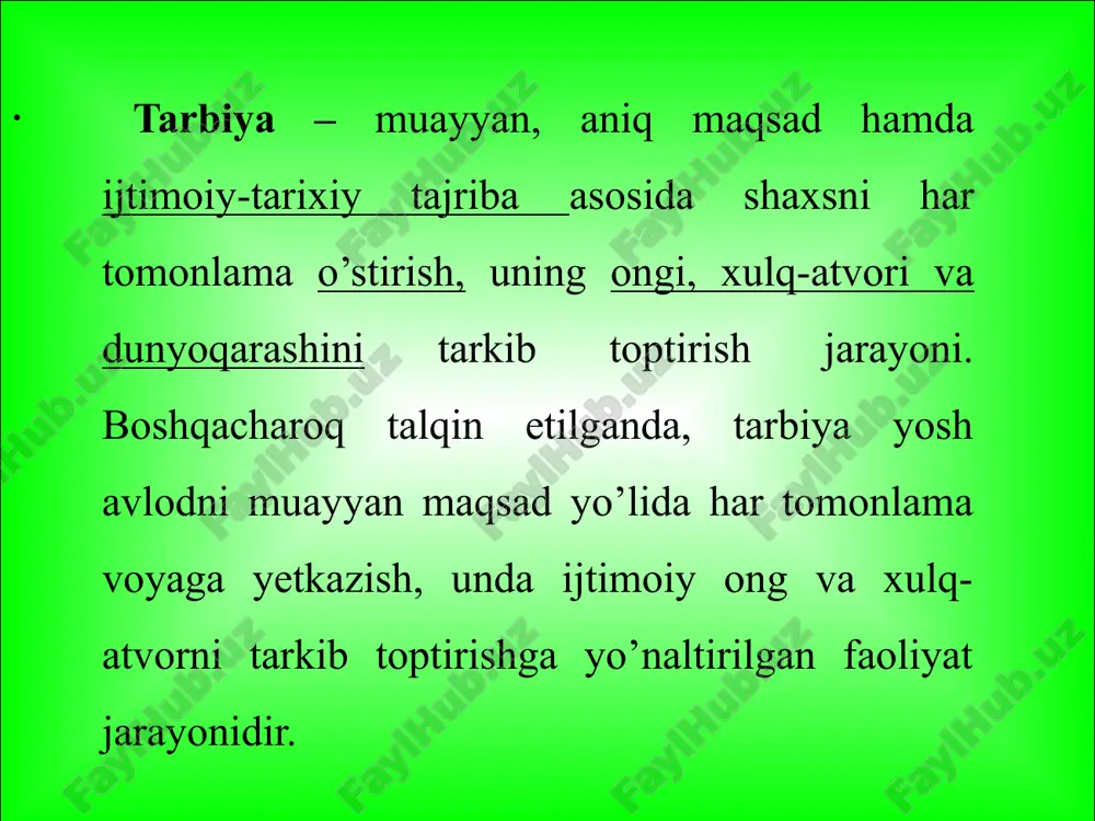 on’arvarlashuvi 10. tarbiyaga yaxlit(kom’leks) yondashuv nazorat uchun savol va topshiriqlar tarbiya mazmuni deganda nima tushiniladi? tarbiyaning maqsadi nima? tarbiya jarayoni qanday o’ziga xos xususiyatlarga ega? tarbiya qonuniyatlarini shrhlab bering. tarbiya tamoyillarini izohlang. keng va tor ma’nodagi tarbiya tushunchalariga izoh bering. e’tiboringiz uchun rahmat! image1.jpeg image2.emf tarbiyaо‘z-о‘zinitarbiyalashо‘z-о‘zini qayta tarbiyalashmaqsad, shakl, metodlar, faoliyatnitashkiletish, uniboshqarishijtimoiy buyurtmapedagogik shart-sharoitlarshaxsni shakllantirish jarayonitarbiya jarayonining umumiy mo hiyati /docprops/thumbnail.jpeg слайд 10 tarbiya о‘z-о‘zini tarbiyalash о‘z-о‘zini qayta tarbiyalash maqsad, shakl, metodlar, faoliyatni tashkil etish, uni boshqarish ijtimoiy buyurtma pedagogik shart-sharoitlar shaxsni shakllantirish jarayoni tarbiya jarayonining umumiy mohiyati /docprops/thumbnail.jpeg