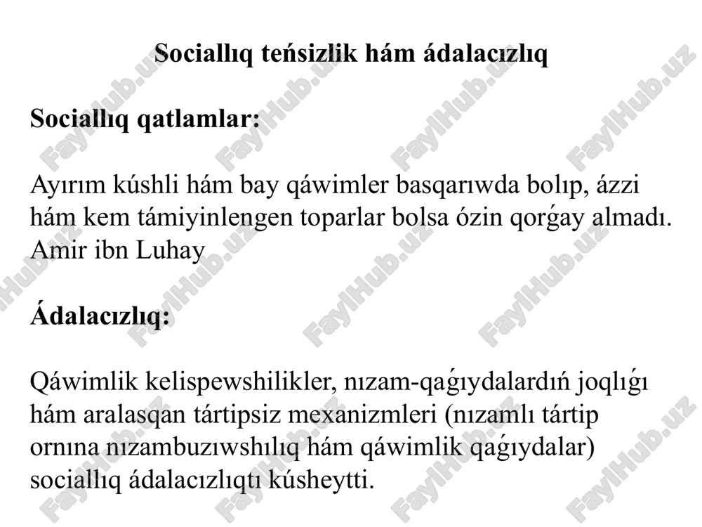 amet kúnine isenim táǵdirge iseniw jánnet penen dozaqtiń bar ekenine isenim islamnıń 5 ústúni. musılmanlar turmısında ámeliy orınlanıwı kerek bolgan bes tiykargı ibadat baǵanaları bar: shaxada (kalima keltriw): "allohu akbar" hám "la ilaha illallah, muhammadur rasulullah" formasında, birden-bir táńritaala hám muxammedtiń (s.a.v.) payǵamberligine gúwalıq beriw. salat (namaz): kúnine bes márte belgilengen waqıtta namaz oqıw. zakat (zakat): finanslıq imkaniyatqa ie bolǵan musılmanlar tárepinen kámbaǵal hám mútájlerge kórsetiletuǵın járdem. sawm (oraza): ramazan ayında tańnan quyash batqansha oraza tutıw, nápsińdi tárbiyalaw hám sabır-taqatlılıqtı arttırıw. haj (haj): finanslıq hám fizikalıq imkaniyatqa iye bolgan musılmanlardıń ómirinde keminde bir márte quddus (makka) qa zıyarat etiwi. ádep-ikramlılıq hám sociallıq tálimatlar ádep-ikramlılıq qádiriyatları: ádalat, hadallıq, miyrim-shápáát, keńpeyillik hám óz-ara járdem sıyaqlı qádiriyatlar islamda oraylıq orın ieleydi. jámiyet hám shańaraq qatnasıqları: islam dini shańaraq, jámiyet hám mámleket qatnasıqlarında ádep-ikramlılıq normaları hám nizamlı tiykarlardı belgileydi, sol arqalı ádalatlı, tártipli hám miyrim-shápáátli turmis quriwga shaqıradı. quran muqaddes kitap: quran musılmanlar ushın …