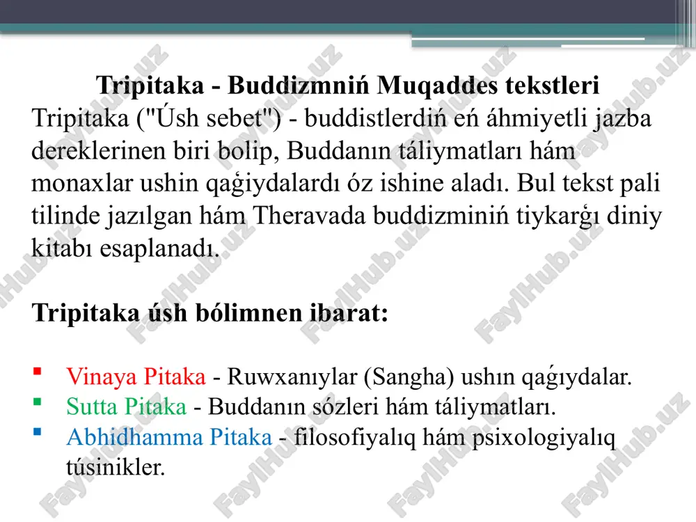 hám ruwxıy qutqarıw jolın izlewge kirisedi. tárki dunyaliq hám aǵartiwshiliq dáwiri 🔹 siddhartha dáslep hár qıylı tárki dunyaliq (zohidlik) jolların sınap kóredi, uzaq waqıt ashlıq hám fizikalıq azaplar arqalı aǵartıwshılıq tabıwǵa háreket etedi. 🔹 biraq ol sonday juwmaqqa keledi, hesh qanday ekstremal iskerlik te, dábdebeli turmıs ta haqıyqıy shınlıqqa alıp barmaydı. 🔹 ol "orta jol" dep atalǵan jańa filosofiyanı qabıl etedi - hádden tıs qattı azap shegiw de, hádden tıs lázzetke beriliw de nadurıs. 🔹 35 jasında, ol hindstannıń bodh gaya qalasında bodi teregi astında 49 kún meditaciya etedi hám aqırında aǵartıwshılıqqa erisedi. 🔹 ol budda ("aǵartıwshılıq tapqan") bolıp, turmıstıń haqıyqatlıǵın ańlaǵanlıǵın járiyalaydı. buddizm táliymatınıń baslanıwı 🔹 aǵartıwshılıqqa eriskennen soń, budda sarnath degen jerde óziniń birinshi wazın aytadı, bul waqıya "dharma dóńgelegin aylandırıw" dep ataladı. 🔹 ol óz táliymatın en jaydırıw ushın saparǵa shıǵadı hám "tórt joqarı haqıyqat," "segiz bólimli jol" sıyaqlı tiykarǵı ideyalardı úyretedi. 🔹 buddanıń átirapında kóplegen izbasarları …