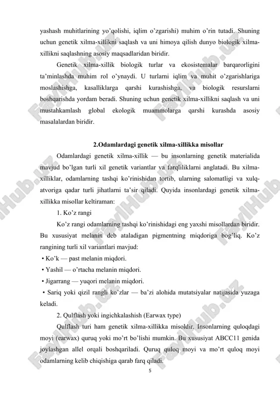 i farqlash qobiliyati ham genetik xususiyatdir. rangni ko’rmaslik (color blindness) odatda x xromosomasi orqali ota-onadan o’g’il bolalarga o’tadi. bu holat ranglarni farqlashda qiyinchiliklar tug’diradi va ko’pincha erkaklarda ko’proq uchraydi, chunki erkaklar faqat bitta x xromosomaga ega bo’lib, u genetik mutatsiyalarni osonroq ko’rsatadi. 6. qattiq yoki yumshoq burun uchi (nose shape) burun shakli va uning turi — bu ham genetik farqlanishlardan biridir. burun shakli (o’ziga xos yuqori yoki pastki burun uchi) odamlar o’rtasida juda katta xilma-xillikka ega. ba’zi turlar, masalan, uzun burun yoki qisqa burun, genetikaning bir qismi sifatida avloddan-avlodga o’tadi. 7. qulachlarning uzunligi odamlarning qo’l va oyoq uzunliklari ham genetik xilma-xillikka misoldir. ba’zi odamlar tabiatan uzun bo’yli yoki qisqa bo’yli bo’lishi mumkin, va bu farqlar genetik omillar bilan bog’liqdir. genetik mutatsiyalar va allellar turli darajada bo’y va bo’y uzunligini belgilaydi. 8. ba’zi kasalliklarga qarshi genetik chidamlilik odamlarda ba’zi genetik mutatsiyalar, masalan, sickle cell anemia (qon kasalligi) yoki talasemiya, ba’zi hududlarda …
