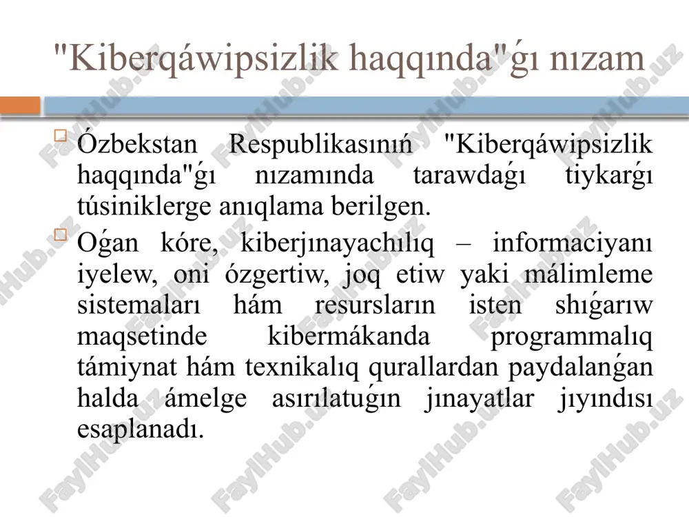 eyalardıń tarqalıwı júzege kelip atırǵan tiykarǵı mashqalalar a) informaciya sawacızlıǵı. kóplegen jaslar qanday informaciyaǵa iseniw, qanday informaciyanı bólisiw kerekligin bilmeydi. jalǵan xabarlarǵa tez isenedi hám olarǵa tiykarlanıp pikir júrgizedi. b) jeke maǵlıwmatlardı qorǵamaw; parollardı basqalar menen bólisiw, belgisiz qosımshalarǵa kiriw, ashıq profil saqlaw qáwiplerdi kúsheytedi. c) kiberjınayat hám aldawshılıq qurbanına aylanıw. jalǵan betler, pul islewdi wáde etetuǵın siltemeler, kimligin jasırǵan aldawshılar jaslardı duzaqqa túsiredi. qawip túri sipatlamasi kiberbulling internet arqalı qorlaw, sógiw yaki qorqıtıw jalǵan xabar (dezinformaciya) sociallıq tarmaqlarda nadurıs maǵlıwmatlar arqalı manipulyaciyalaw jeke maǵlıwmatlardı urlaw parollar, súwretler, jaylasıw maǵlıwmatları arqalı zıyan jetkeriw zıyanlı kontent zorlıq, ekstremizm, pornografiyalıq materiallar yamasa náshebentlikti úgit-násiyatlaw psixologiyalıq basım ideallıq talabı, sırtqı kóriniske baylanıslı basımlar hám kompleksler qáliplesiwi jaslar dus kelip atırǵan tiykarǵı qáwip-qáterler: qorǵaw boyınsha usınıs hám ilajlar: ➤ ata-analar ushın: perzentleriniń onlayn belsendiligin turaqlı qadaǵalaw. balalarǵa internet mádeniyatı hám qáwipsizlik qaǵıydaların úyretiw. jabıq qurılma ornına ashıq baylanıstı jolǵa qoyıw. ️bilimlendiriw mákemeleri ushın: málimleme …