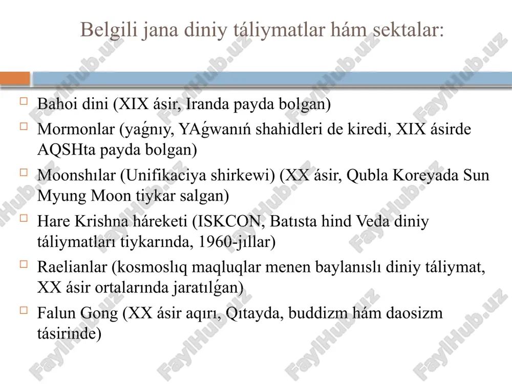 tábiyatınıń instinktlerine húrmet penen qatnasta bolıw. házirgi kúnde respublikada jumısı baqlanıp atırǵan rásmiy emes diniy jámáátler qatarına "marifatchilar,“ "shahidiler" hám "baxshillochilar"dı kirgiziw múmkin.  "aǵartıwshılar" jámáátine 1990-jıllardıń ortalarında fergana wálayatı taslaq rayonında jasawshı batır mamajanov (1950-j.t.) tárepinen tiykar salınǵan. jámááttiń ideologiyalıq táliymatı b. mamajanov tárepinen jazılǵan hám nızamǵa qarsı túrde baspadan shıǵarılǵan, diniy hám ilimiy tiykarsız jazılǵan "bilim," "tilek," "namaz-sıyınıw," "ras-quran" kitapları esaplanadı. aǵartıwshılar  b. mamajonovdin’ diniy tema daǵı pikirlerine kóre jaylastırılǵan bir neshe súrelerdiń awdarmasınan ibarat. bul kitap atınan kelip shıqqan halda xalıq ishinde b. mamajonovtiń isin dawamlawshıları «aǵartıwshılar» dep belgili. b. mamajonov bolsa ózin hám tárepdarların «tuwrı din»degiler dep esaplaydı. «bilim» kitabı  b. mamajonov tárepinen belgilengen namaz tártibi bayanlanǵan. «ras-quran» kitabında da bolǵanday «usmon ibn affon dáwirinde quran nadurıs tártiplengen» degen dawa astında súreler jaylastırılǵan. «aǵartıwshılar» dıń dástúriy islam táliymatına qarsı dawaları «namaz -sıyınıw» kitabında  - quran hám namaz milliy tilde, yaǵnıy ózbek tilinde o'qiliwi …