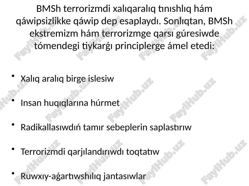 h, unodc hám basqalar menen tájiriybe almasıw, treningler hám birgeliktegi baǵdarlamalar jaslar menen islesiw ekstremizm kóbinese jaslar arasında tarqaladı. sol sebepli: jaslar isleri agentligi, "jaslar - keleshegimiz" qorı, máhálle qorı arqalı jaslar menen sociallıq joybarlar ámelge asırılmaqta jaslardıń bántligin támiyinlew, kásipke baǵdarlaw, bos waqtın mazmunlı shólkemlestiriw ózbekstanda ekstremizm hám terrorizmge qarsı gúres: nızamlı tiykarlar, huqıqtı qorǵaw iskerligi, ruwxıy-aǵartıwshılıq úgit-násiyatlaw, xalıqaralıq sheriklik hám reabilitaciya siyasatı arqalı ámelge asırılmaqta. /docprops/thumbnail.jpeg