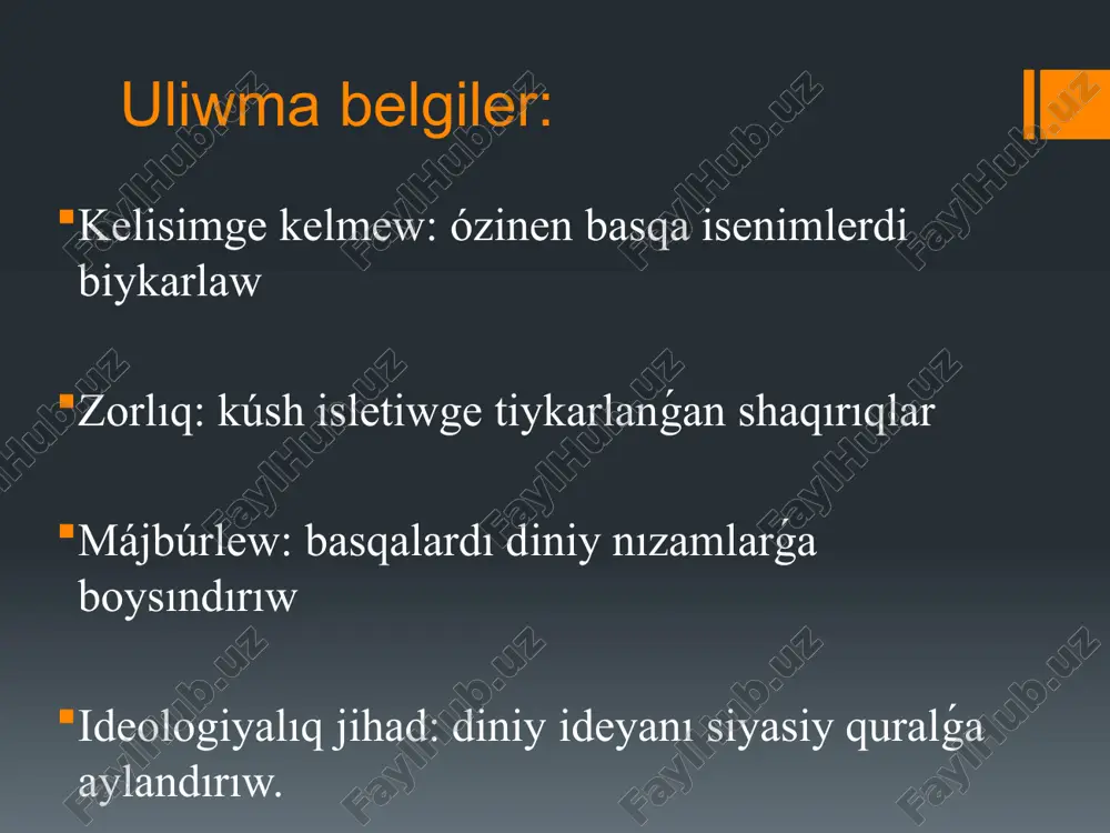 áwipli? jaslardı aljastıradı - quran hám hádislerdi nadurıs talqılap, radikal jollarǵa baslaydı. jámiyetti bólip jiberedi - terror, qorqınısh payda boladı. dindi siyasiy quralga aylandıradı - bul islamģa da, musılmanlarga da ziyan keltiredi. /docprops/thumbnail.jpeg