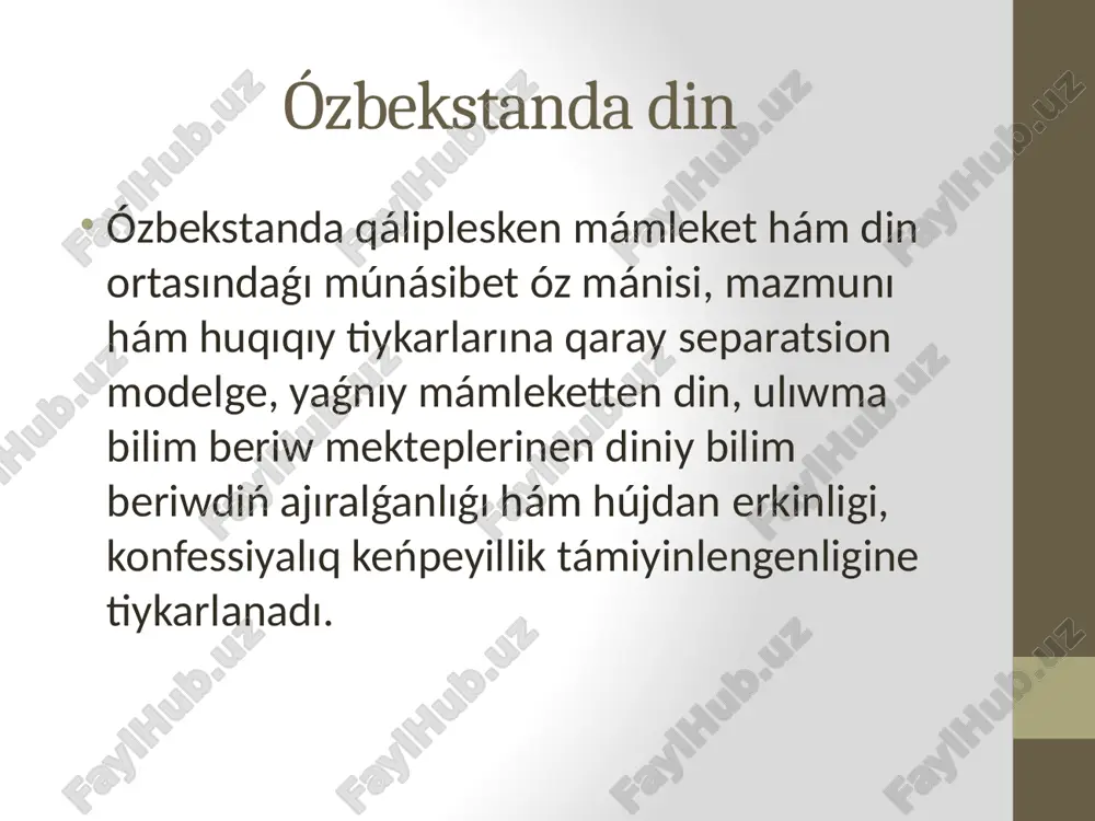 rek. sonıń menen birge nızamshılıqta belgilengen qaǵıydalar jámiettiń rawajlanıwı hám zaman talabı menen ózgeriwi sózsiz. diniy shólkem dúziw dúnya mámleketleriniń hújdan erkinligi hám diniy shólkemler haqqındaǵı nızamshılıǵına itibar berilse, diniy shólkem dúziw ushın zárúr bolǵan intakerlerge qoyılǵan minimal shama hár qıylı ekenligin kóriw múmkin. atap aytqanda, rossiya federaciyası hám qazaqstanda 10, polsha, litvada 15, latviyada 25, vengriyada 100, armeniya hám qırǵızstanda 200, chexiyada 300, túrkmenstanda 500 den ibarat puqaralar baslaması menen ǵana diniy shólkem dúziledi. bul bolsa, diniy shólkem dúziw barısındaǵı qaǵıydalar hár bir mámlekettiń óz shárt-sharayatınan kelip shıǵıp belgilenetuǵınlıǵın kórsetedi. búgingi kúnde ózbekstanda ádillik uyımlarınan rásmiy dizimnen ótken 16 diniy konfessiya islam, rus pravoslav shirkewi, rim-katolik shirkewi, nemis-lyuteran shirkewi, armeniya-apostol shirkewi, tolıq injil xristianları, evangel-xristian baptistler shirkewi, jańa apostol shirkewi, jetinshi kún adventistleri, "golos bojiy," iyegovo shohidlari, koreys protestant shirkewleri, yahudiylik, bahoiylik, krishnani ańlaw jámieti, buddizm ózbekstanda 16 diniy konfessiyaǵa tiyisli 2340 diniy shólkem jumıs alıp barmaqta. 2144 –i̇slamiy, …