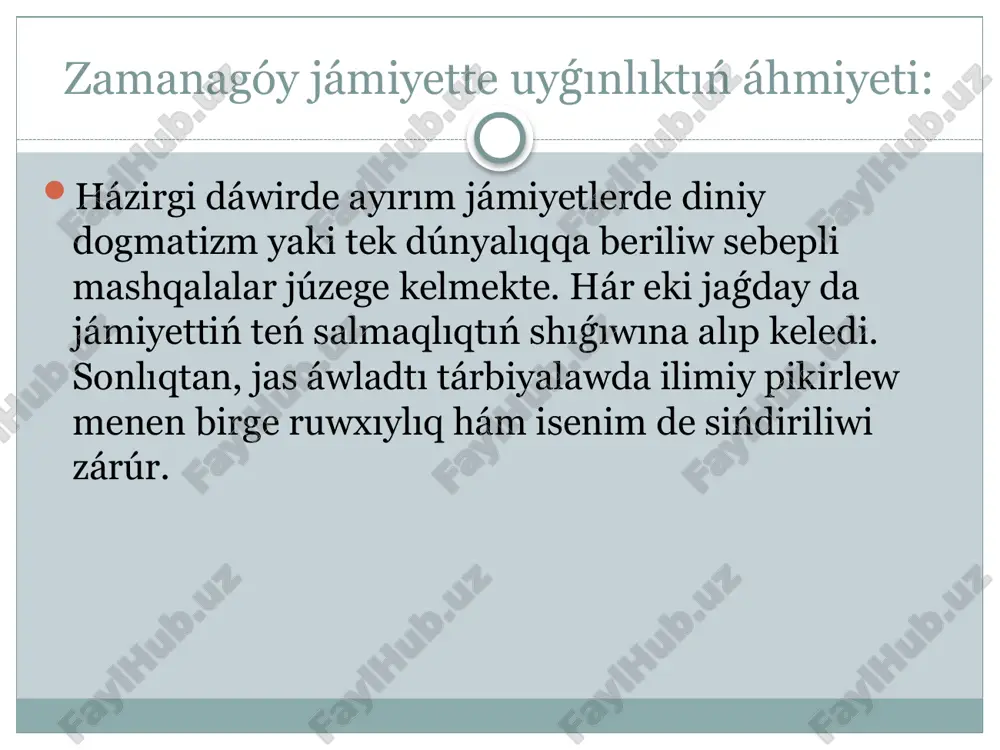 biya hám diniy sawatlılıq orayı. imam hám diniy qánigeler jámietke salamat diniy bilimler berip, insanlardıń allaǵa bolǵan isenimi hám baylanıslılıǵın arttıradı. diniy plyuralizm, diniy keńpeyillik hám olardıń shaxs kamalǵa keliwi hám isenim erkinligin támiyinlewdegi roli. 1. diniy plyuralizm - hár túrlilikke húrmet. diniy plyuralizm - bul jámiyette túrli din hám isenimge iye bolǵan insanlardıń birgelikte tınısh, óz-ara húrmet tiykarında jasawın tán alıw hám qollap-quwatlaw principi bolıp tabıladı. bul túsinik: hár kimniń diniy isenimin tán alıwdı, hár qıylı diniy kózqaraslarǵa keńpeyillik penen qarawdı, diniy ayırmashılıqlarǵa qaramastan, ulıwma qádiriyatlarǵa sadıqlıqtı ańlatadı. diniy keńpeyillik - tinishliq hám turaqliliq tiykari diniy keńpeyillik - bul basqalardıń isenimine aralaspaw, olardı kemsitiw yamasa kemsitiwge jol qoymaw principi. bul qádiriyat: jámiette tatıwlıq hám tınıshlıqtı támiyinleydi, diniy qarama-qarsılıqlardın aldın aladı, hár qıylı isenim ieleri arasında óz ara húrmetli ortalıqtı jaratadı. keńpeyilliktiń shaxs rawajlaniwindaǵi orni keńpeyillik penen tárbiyalanǵan shaxs: ózin basqalardan ústin qoymaydı, sabırlılıq, kelisimlilik, ádillik sıyaqlı joqarı pazıyletlerdi ieleydi, …