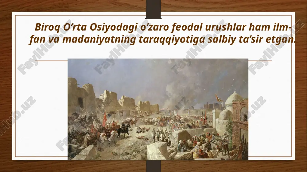 ydo bo‘ladi, ular yordamida his, tasavvur, xotira vujudga keladi va shundan so‘nggina «xayol quvvati» yordamida kishi bilim va hunar egallaydi, xatti-harakat va xulq-atvordagi go‘zal narsalami amalga oshiradi, foydali narsalarni zararli narsalardan farqlaydi. barcha ruhiy quvvatlar, jumladan, bilish qobiliyatining harakati muayyan a’zoga bog’liqdir. bu quvvatlardan birortasi ham materiyadan ajralgan holda yashay olmaydi. farobiy ruh va tananing o‘zaro munosabati masalasida ko‘pchilik dinlarda keng tarqalgan ruhning ko‘chib yurishi haqidagi ta’limotga qarshi chiqdi. «ruh deb yozadi u, tanadan oldin mavjud bo‘lishi mumkin emas, xuddi shuningdek, ruhning ko‘chib yurishi haqidagi ta’limot tarafdorlari ta’kidlaganlaridek, u bir tanadan boshqasiga ko‘chib o‘ta olmaydi». farobiy o‘zining risolalarida inson psixikasi, bilish shakllari, jon va tananing munosabati mantiqiy fikriashning mohiyatiga katta e’tibor berdi. farobiy fikricha, insonning bilish, ruhiy qobiliyatlarini miya boshqaradi, yurak esa barcha a’zolami hayot uchun zarur bo‘lgan qon bilan ta’minlovchi markaz vazifasini bajaradi. e’tiboringiz uchun rahmat! image5.png image6.png image7.jpeg image8.jpeg image9.jpeg image10.jpeg image11.jpeg image12.jpeg image13.jpeg image14.jpeg image15.jpeg image16.png image17.jpeg …