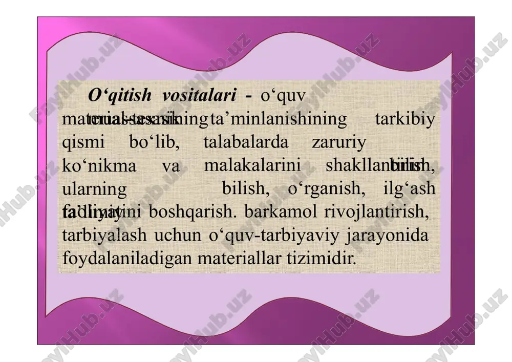 nal, ergonomik hammasi. iqtisodiy, estetik, pedagogic 5 …………apparaturaning zarur ish tartiblarini ta’minlash qobiliyati (tovush balandligi va ovoz sifati, mashg‘ulotni o‘tkazish uchun qayta zaryadlash minimumi bilan etarli bo‘lgan audiovizual vositalar kassetalarining sig‘imi; priborning universalligi). iqtisodiy talablar funksional talablar. estetik talablar 6 …………. – foydalanishning qulayligi va xavfsizligi; tayyorlashda va apparat bilan ishlashda operatsiyalarning minimal miqdori; shovqin darajasi; ko‘rib chiqish, ta’mirlash, tashish qulayligi. ergonomik. iqtisodiy pedagogik 7 ……. – shaklning uyg‘unligi (vazifasining yaqqol ifodalanishi, miqyosi, o‘lchovdoshligi); kompozitsiyasining yaxlitligi, tovar ko‘rinishi. ergonomik iqtisodiy estetik. 8 ……… – texnik vositalarning yuqori sifatliligi va tiniqliligida qiymatining nisbatan arzonligi. ergonomik iqtisodiy. estetik image5.png image6.png image7.png image8.png image9.png image10.png image11.png image1.png image4.png image12.png image13.png image14.png image15.png image16.png image17.png image18.png image19.png image20.png image21.png image2.png image3.png image30.png image22.png image23.png image24.png image25.png image26.png image27.png image28.png image29.png image31.png image32.png image33.png image34.png