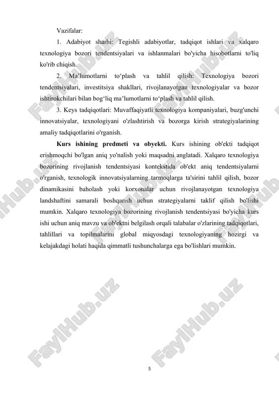 jahon texnologiya bozorining ob’ektlari moddiylashtirilgan (turli birliklar, asbob-uskunalar, asboblar, texnologik liniyalar va boshqalar) va nomoddiy (axborot, turli xil texnik hujjatlar, bilimlar, ishlab chiqarish tajribasi) shakllardagi intellektual faoliyat natijalaridir. global texnologiya bozori o’z faoliyati uchun o’ziga xos me’yoriy-huquqiy bazaga ega - texnologiyalar transferi bo’yicha xalqaro xulq-atvor kodeksi, shuningdek, jahon savdo tashkilotining intellektual mulk huquqlari aspektlari to’g’risidagi bitim (trips), texnologiyalar transferi qo’mitasi kabi xalqaro tartibga soluvchi organlar. birlashgan millatlar tashkilotining savdo va taraqqiyot konferentsiyasi (unctad), butunjahon intellektual mulk tashkiloti (wipo), eksport nazoratini muvofiqlashtirish qo’mitasi (cocom), xavfsizlik va texnologiya mutaxassislari yig’ilishi (stem). jahon texnologiya bozorining quyidagi segmentlari ajralib turadi: · patentlar va litsenziyalar bozori; · yuqori texnologiyali mahsulotlar bozori; · yuqori texnologiyali kapital bozori; · ilmiy-texnik mutaxassislar bozori. texnologik bo’shliq turli mamlakatlar guruhlari o’rtasida jahon texnologiya bozorining ko’p bosqichli tuzilishini nazarda tutadi: · sanoati rivojlangan mamlakatlar o’rtasida yuqori texnologiyalar (yagona, progressiv) aylanib yuradi; · sanoati rivojlangan mamlakatlarning past (eskirgan) va o’rta (an’anaviy) texnologiyalari …