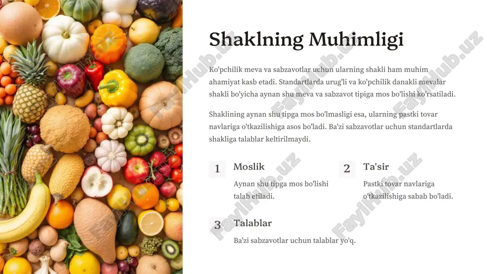 in va achchiq ta'mli bodomlarga bo'linadi. achchiq bodomlarning mag'zida zaharli glikozidlar amigdalin (3-7 %) bo'ladi. yunon yong'og'i bodom eryong'oq pista subtropik mevalar sifat tahlili: anor va xurmo suyutropik mevalarga stitruslar (apelsin, mandarin, limon, greyfurut), anor,, xurma, anjir va boshqalar kiradi. respublikamizda etishtiriladigan asosiy subtropik mevalar anor, xurma, anjir va limon (issiqxonalarda etishtiriladi) hisoblanadi. bu mevalar bir guruhga kiritilsada kimyoviy tarkibi, shifobaxshlik xususiyatlari va sifat tahlilini o'tkazish uslublari bo'yicha ma'lum darajada bir- biridan farq qiladi. anorning sifati gost 27573-87 nomerli standart talabiga javob berishi kerak. bu standart talabi bo'yicha anor mevalari sifat darajasiga qarab birinchi va ikkinchi tovar navlariga bo'linadi. xurmoning sifati rstuz 854-98 nomerli standart talabiga javob berishi kerak. bu standart talabi bo'yicha xurmo mevasi birinchi va ikkinchi tovar navlariga bo'linadi. anor gost 27573-87, 1, 2 navlar. xurmo rstuz 854-98, 1, 2 navlar. xulosa ushbu taqdimotda meva va sabzavotlarning sifatini baholashning asosiy ko'rsatkichlari, jumladan, umumiy va xususiy ko'rsatkichlar, shuningdek, meva …
