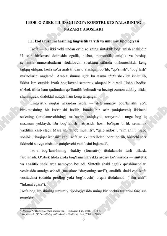 idagi izofa konstruktsiyalari. masalan: ahl ul-ilm, zikr ehli, ilm nashri, sabq sohibi. bu turdagi izofalar semantik va stilistik jihatdan yuqori ekspressivlik kasb etadi[footnoteref:3]. [3: yoqubov a. o‘zbek tilining stilistikasi. – toshkent: fan, 2005. – 240 b.] izofaning yuqorida qayd etilgan turlaridan tashqari, adabiy tilda ishlatiladigan izofa konstruktsiyalari poetiklik, obrazlilik, umumlashtirish kabi badiiy-estetik maqsadlar uchun xizmat qiladi. masalan, ruh pokligi, dil ozori, yod nidosi kabi birikmalar obrazli ifoda vositasi sifatida adabiy nutqning stilistik boyligini oshiradi. izofa strukturalari tilning semantik imkoniyatlarini kengaytiradi, konkret va mavhum tushunchalar o‘rtasidagi munosabatni ifodalaydi, ma’no aniqligi, aniqlik va mantiqiy bog‘liqlikni ta’minlaydi. ayniqsa, terminologik tizimlarda izofaning o‘rni beqiyosdir: davlat suvereniteti, maqola muallifi, tibbiy madaniyat, siyosiy mafkura kabi atamalar aynan izofa konstruksiyasi asosida shakllanadi. xulosa qilib aytganda, izofa — so‘z birikmalari tarkibida qatnashuvchi, semantik, sintaktik va stilistik ahamiyatga ega bo‘lgan muhim grammatik hodisadir. u til tizimidagi bog‘lanishning universal vositasi bo‘lib, o‘zbek tilining leksik-semantik boyligida asosiy rol o‘ynaydi. arab tilidan …