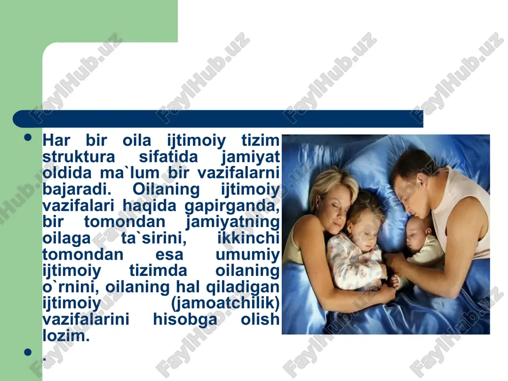 o`rsatish kabilardan iborat bo`lib kelgan. bu holat o`z navbatida oilaning asosiy vazifalaridan yana birini, uning rekreativ vazifasini tashkil qiladi. oilaning rekreativ — o`zaro jismoniy, moddiy, ma`naviy va psixologik yordam ko`rsatish, bir-birining salomatligini mustahkamlash, oila a`zolari dam olishini tashkil etish vazifasidir. bu vazifa keyingi yillarda yanada muhim ahamiyat kasb etmoqda. oila a`zolari salomatligini mustahkamlash, oila a`zolarining dam olishini tashkil etish. image1.jpeg image2.jpeg image3.jpeg image4.jpeg image5.jpeg image6.jpeg /docprops/thumbnail.jpeg