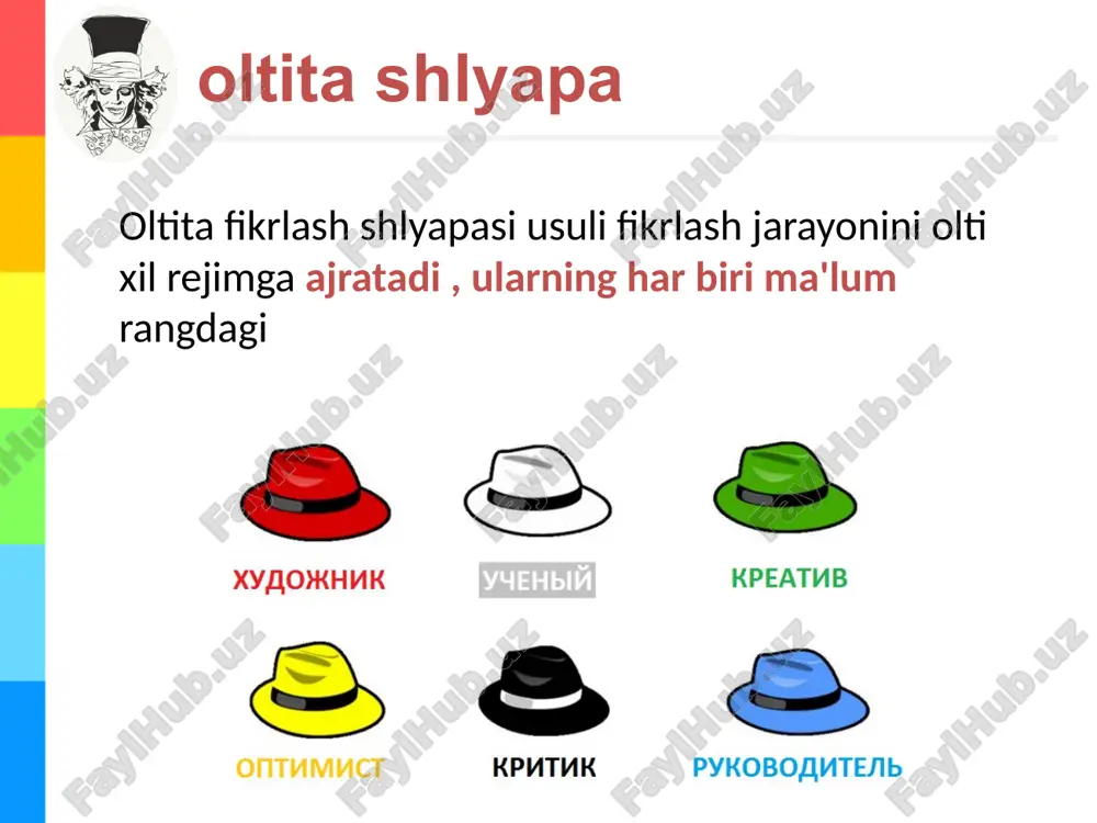 iqib, yangi narsalarni topishga harakat qiling. ijobiy tomonlarni mustahkamlang, salbiy tomonlarini tekislang. har bir ishtirokchi muqobil yo'lni taklif qilsin. yangi paydo bo'lgan g'oyalar sariq va qora shapkada yana tahlil qilinadi. ha, va vaqti-vaqti bilan ishtirokchilarga qizil shlyapa kiygan bug'ni qo'yib yuborishni unutmang (u kamdan-kam hollarda kiyiladi va juda qisqa vaqt ichida o'ttiz soniya, ortiq emas). shunday qilib, oltita fikrlash shlyapasini turli xil ketma-ketlikda sinab ko'rish orqali, vaqt o'tishi bilan siz eng mos tartibni aniqlay olasiz. kollektiv parallel fikrlash oxirida moderator bajarilgan ishlarni umumlashtiradi. shuningdek, moderator ishtirokchilar bir vaqtning o'zida bir nechta shlyapa kiymasliklarini ta'minlashi muhimdir. shunday qilib, fikrlar va g'oyalar bir-biriga bog'lanmaydi yoki chigal bo'lmaydi. siz bu usuldan biroz boshqacha foydalanishingiz mumkin - har bir ishtirokchiga ma'lum rangdagi shlyapa kiyib, o'z rolini o'ynang. bunday holda, shlyapalarni odam turiga mos kelmaydigan tarzda taqsimlash yaxshiroqdir. masalan, optimist qorasini kiysin, hamma narsani tinmay tanqid qiladigan sarg'ish rangni kiysin, his-tuyg'ularini ko'rsatishga odatlanmagan va o'zini …