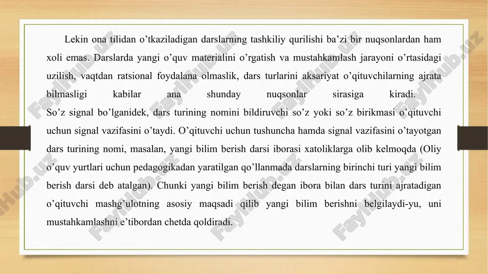 -mavzuni amaliy ahamiyatini uqtirish; -yangi mavzu bo’yicha ma’lumotlarni qat’iy izchillikda yetkazish; -shu mashg’ulotning o’zida yangi bilim asosida shakllangan ko’nikmani tekshirib olish; -mavzu ustida ishlashda belgilangan usul, tamoyilllarga rioya etish; -dars jarayonida o’uvchilar faoliyatini kuchaytirib borish; -o’quvchilarni psixologik xususiyatlarini hisobga olish, fikrlash darajsini rivojlantirib borish. mustahkamlash darslari vazifalari: -mashg’ulotlarda shakllanadigan ko’nikm, malakalar me’yorini bilib olish; -o’tkaziladigan mashqlar tizimini belgilab ularning bajarilish izchilligini ta’minlash; -og’zaki va yozma mashq turlarini maqsadga muvofiq o’tkazish, mashqlarni o’yin turlaridan unumli foydalanish; -mustahkamlash davomida o’quvchilarga differensial va individual ravishda munosabatda bo’lish; xulosa bugun yurtimizda ulkan bunyodkorlik ishlari amalga oshirilmoqda. barcha sohaning rivoji inson manfaatlari uchun xizmat qilmoqda. ta’lim sohasida ham diqqatga sazovor ulkan ishlar amalga oshirayotganligi biz yoshlarni ham kelajakda yanada o’qib bilim olishlarimizga ulkan imkoniyatlar yaratilayotganligini anglatadi. ona tili bu millatning ruhidir. tilda jamiyatning moddiy va ma’naviy boyligi o’z ifodasini topadi. til o’rganish va til o’rgatishning yangi metodlaridan foydalanish bugungi kunning talabidir. -har birimiz davlat tiliga …
