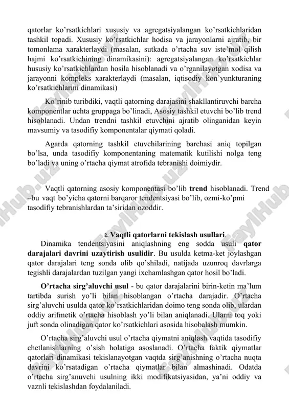 larda tanlangan model bo’yicha yuqorida sanab o’tilgan har bir komponentani miqdoriy tahlili o’tkaziladi. trendni ajratib olishdan avval, uning mavjudligi to’g’risidagi gipotezani tekshirish zarur. amalda trendning mavjudligini tekshirish uchun bir nechta mezonlar mavjud, ammo asosiy bo’lib sxemada keltirilgan ikkita mezon hisoblanadi. trendning mavjudligini tekshirish uchun mezonlar: 1) bir qatorning ikki qismini o’rtachalarini ayirmasi usuli. o’rtachalarni ayirmasini mavjudligi haqidagi gipoteza tekshiriladi: buning uchun vaqtli qator ikki teng yoki deyarli teng qismlarga bo’linadi. gipotezaning tekshirish mezoni sifatida styudent mezoni qabul qilinadi. agarda t ≥ tα, bo’lsa, bunda t- styudent mezonining hisoblangan qiymati; tα- mohiyatlilik darajasi α- da jadvaldagi qiymat, unda trendning mavjud emasligi haqidagi gipoteza inkor etiladi; agarda t < tα bo’lsau holda (n0) gipoteza qabul qilinadi foster – styuart usuli. hodisaning tendentsiyasi va vaqtli qator darajalarining dispersiyasini trendini mavjudligi aniqlanadi. ko’pincha bu usul vaqtli qatorni chuqur (detal nom) tahlil qilishda va uni bo’yicha prognozlarni tuzishda qo’llaniladi. xulosa: vaqtli qatorlar, matematikada funksiyalarning bitta …