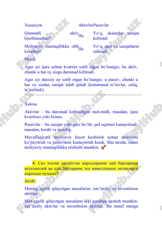a daromad keltirishi mumkin bo‘lgan narsalar. ular moliyaviy barqarorlik yaratish va mustaqillikka erishish uchun muhim. ✅ sarmoyalarim (aksiyalar va obligatsiyalar) – men oz miqdorda bo‘lsa ham, aksiyalar va obligatsiyalarga sarmoya kiritganman. ular hozircha katta daromad bermasa ham, uzoq muddatda o‘sish imkoniyatiga ega. ✅ freelance va onlayn ishlarim uchun noutbuk – agar men uni faqat film ko‘rish va ijtimoiy tarmoqlarga kirish uchun ishlatsam, bu iste’moliy aktiv bo‘lar edi. lekin men undan frilanser sifatida ishlash, loyihalar bajarish va pul topish uchun foydalanaman. shu sababli, u men uchun investitsion aktivga aylangan. ✅ qo‘shimcha daromad keltiradigan aktivlarim – men ba’zan o‘z bilimim va ko‘nikmalarimni ishlatib, maslahatlar beraman yoki kichik xizmatlar ko‘rsataman. bu menga doimiy bo‘lmasa ham, qo‘shimcha daromad olib keladi. ✅ kelajakda investitsiya qilishni rejalashtirayotgan aktivlar – men uy yoki boshqa ko‘chmas mulk sotib olish haqida o‘ylayapman. agar men uni ijaraga bersam, bu barqaror daromad manbaiga aylanishi mumkin. xulosa: mening investitsion aktivlarim hozircha kam, …