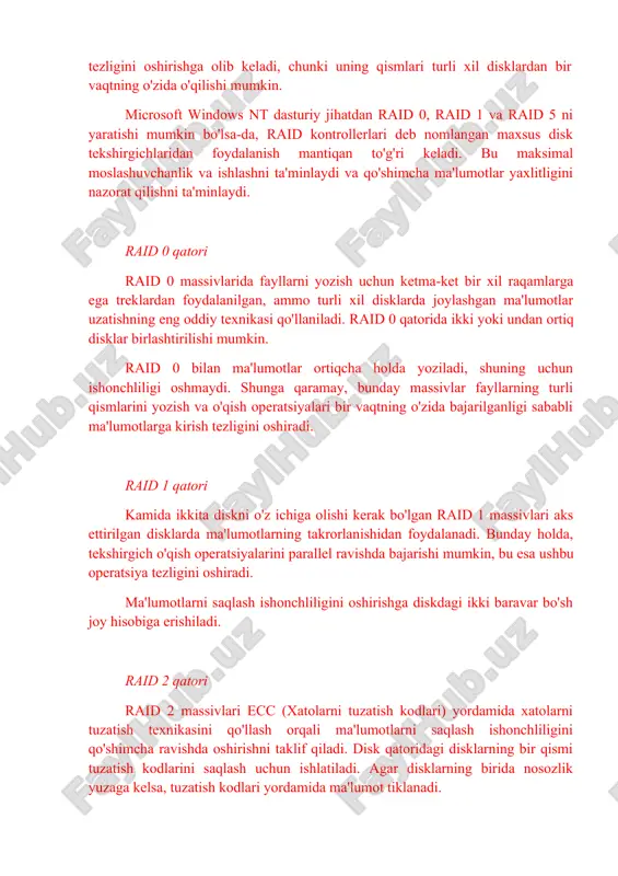 bir nechta toifalari mavjud, ularning barchasi ishonchliligini oshirish uchun turli xil usullardan foydalanadi. har qanday toifadagi raid-massivlarida bir xil fayldan ma'lumotlarni birdaniga bir nechta disklarga ajratish - ajratish orqali ishonchlilikka erishiladi. ishonchliligini oshirishga qo'shimcha ravishda, bunday bo'linish faylni o'qish tezligini oshirishga olib keladi, chunki uning qismlari turli xil disklardan bir vaqtning o'zida o'qilishi mumkin. microsoft windows nt dasturiy jihatdan raid 0, raid 1 va raid 5 ni yaratishi mumkin bo'lsa-da, raid kontrollerlari deb nomlangan maxsus disk tekshirgichlaridan foydalanish mantiqan to'g'ri keladi. bu maksimal moslashuvchanlik va ishlashni ta'minlaydi va qo'shimcha ma'lumotlar yaxlitligini nazorat qilishni ta'minlaydi. raid 0 qatori raid 0 massivlarida fayllarni yozish uchun ketma-ket bir xil raqamlarga ega treklardan foydalanilgan, ammo turli xil disklarda joylashgan ma'lumotlar uzatishning eng oddiy texnikasi qo'llaniladi. raid 0 qatorida ikki yoki undan ortiq disklar birlashtirilishi mumkin. raid 0 bilan ma'lumotlar ortiqcha holda yoziladi, shuning uchun ishonchliligi oshmaydi. shunga qaramay, bunday massivlar fayllarning turli qismlarini yozish …
