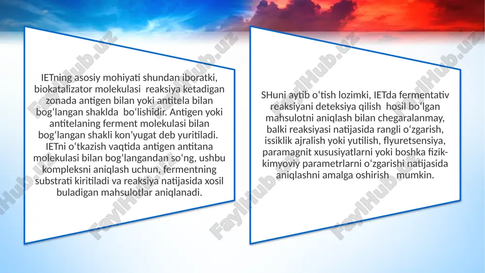 agan barcha birikmalar yuviladi. keyingi boskichda peaksion muxitga antitelolarni fermentli ken’yugatlari solinadi. nishonlangan antitelolar xam antigenlar bilan boglanadi va ularning mikdori binobarin fer¬ment aktivligi xam namunadagi antigen mikdoriga proprsional buladi. boglanmagan kon’yugatlarni yuvgandan sung substrat kushiladi foydalanilgan adabiyotlar 1. бекер м.е. и друг. биотехнология. – м: агропромиздат, 1990. 354 с. 2. биотехнология лекарственных средств. учебное пособие/ под ред. быкова в.а. и далина м.в. – м.: медбиоэкономика. - 1991. – 303с. 3. биотехнология. принципы и применения. – пер. с англ./ под ред. и.хиггинса, д.беста, дж. джойса. – м.: мир. – 1988. 4. биотехнология: учебное пособие для вузов. в 8 кн./ под ред. егорова н.с., самуилова в.д. – м.: высшая школа. – 1987. 5. молекулярные и клеточные аспекты биотехнологии/ под ред. инге-вечтомова с.г. – л.: наука. – 1986 .- 256с. image3.png image5.png image1.jpeg /docprops/thumbnail.jpeg