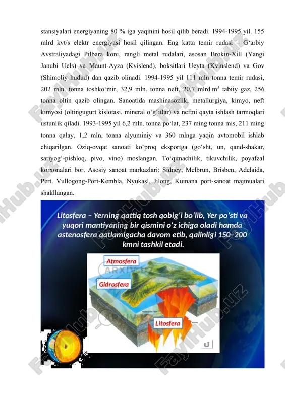 i texnikasi va jihozlari), elektrojihozlar, xilma-xil priborlar va boshqa mahsulotlar, neftni qayta ishlash, kimyo sanoati (azotli va fosforli o‘g‘itlar, plastmassa, kimyoviy tolalar va boshqalar), yengil sanoat (poyafzal, gazlama va trikotaj) rivojlangan. yangi hududlarni intensiv o‘zlashtirilishining boshlanishi bilan (shimoliy hududlar) yangi tog‘-kon sanoati rayonlari (darvin, maynt-ayza, broken-xill, kalgurli va boshqalar) iqtisodiyotda sezilarli rol o‘ynamoqda. avstraliya sanoati yalpi milliy mahsulotning 30 %ini beradi. uning asosiy tarmoqlari: konchilik, metallurgiya, kimyo, mashinasozlik, oziq-ovqat, yengil sanoat. asosiy energitika resurslari – ko‘mir va tabiiy gaz. issiqlik elektr stansiyalari energiyaning 80 % iga yaqinini hosil qilib beradi. 1994-1995 yil. 155 mlrd kvt/s elektr energiyasi hosil qilingan. eng katta temir rudasi – g‘arbiy avstraliyadagi pilbara koni, rangli metal rudalari, asosan brokin-xill (yangi janubi uels) va maunt-ayza (kvislend), boksitlari ueyta (kvinslend) va gov (shimoliy hudud) dan qazib olinadi. 1994-1995 yil 111 mln tonna temir rudasi, 202 mln. tonna toshko‘mir, 32,9 mln. tonna neft, 20,7 mlrd.m3 tabiiy gaz, 256 tonna …