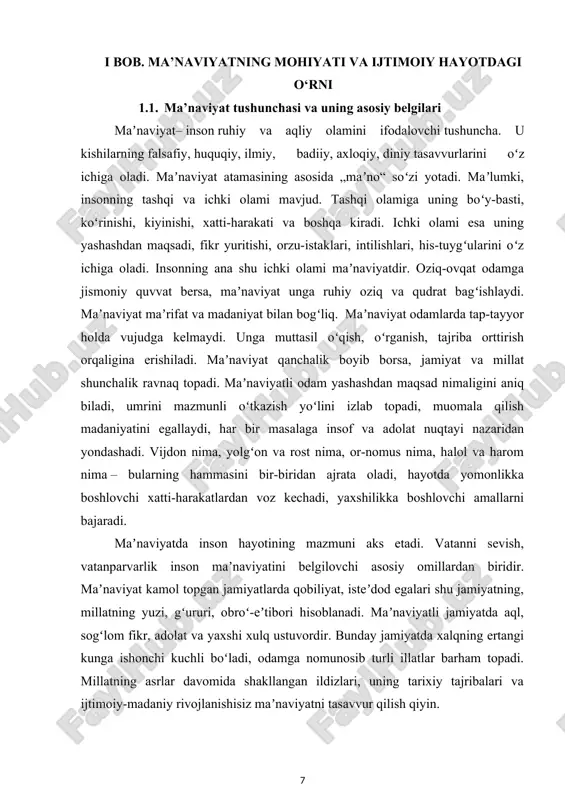 huquqiy, ilmiy, badiiy, axloqiy, diniy tasavvurlarini oʻz ichiga oladi. maʼnaviyat atamasining asosida „maʼno“ soʻzi yotadi. maʼlumki, insonning tashqi va ichki olami mavjud. tashqi olamiga uning boʻy-basti, koʻrinishi, kiyinishi, xatti-harakati va boshqa kiradi. ichki olami esa uning yashashdan maqsadi, fikr yuritishi, orzu-istaklari, intilishlari, his-tuygʻularini oʻz ichiga oladi. insonning ana shu ichki olami maʼnaviyatdir. oziq-ovqat odamga jismoniy quvvat bersa, maʼnaviyat unga ruhiy oziq va qudrat bagʻishlaydi. maʼnaviyat maʼrifat va madaniyat bilan bogʻliq. maʼnaviyat odamlarda tap-tayyor holda vujudga kelmaydi. unga muttasil oʻqish, oʻrganish, tajriba orttirish orqaligina erishiladi. maʼnaviyat qanchalik boyib borsa, jamiyat va millat shunchalik ravnaq topadi. maʼnaviyatli odam yashashdan maqsad nimaligini aniq biladi, umrini mazmunli oʻtkazish yoʻlini izlab topadi, muomala qilish madaniyatini egallaydi, har bir masalaga insof va adolat nuqtayi nazaridan yondashadi. vijdon nima, yolgʻon va rost nima, or-nomus nima, halol va harom nima – bularning hammasini bir-biridan ajrata oladi, hayotda yomonlikka boshlovchi xatti-harakatlardan voz kechadi, yaxshilikka boshlovchi amallarni bajaradi. maʼnaviyatda inson …