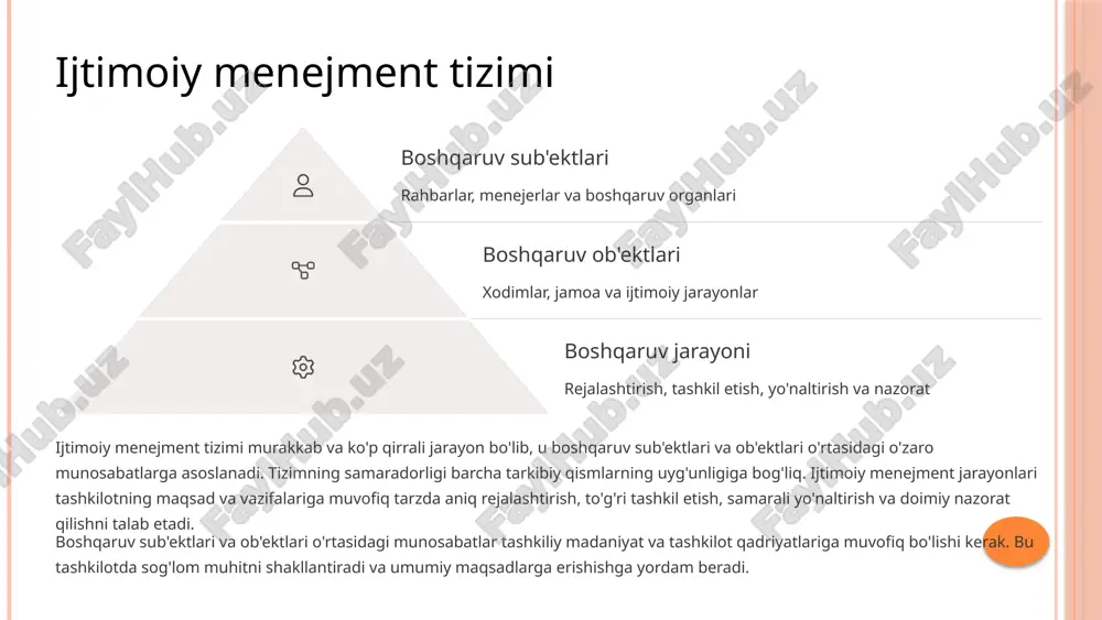 qaror qabul qilish jarayoni muammoni aniqlash muammoning mohiyatini tushunish va tahlil qilish yechim variantlarini ishlab chiqish turli xil echim yo'llarini ko'rib chiqish va baholash optimal variantni tanlash eng maqbul yechimni belgilangan mezonlar asosida tanlash qarorni amalga oshirish tanlangan qarorni hayotga tatbiq etish natijalarni monitoring qilish qaror natijalarini baholash va zarur tuzatishlar kiritish tashkilotda samarali qaror qabul qilish murakkab jarayon bo'lib, u aniq ma'lumotlarga asoslanishi va tizimli yondashuvni talab qiladi. jamoaviy qaror qabul qilish usullari, masalan, "aqliy hujum", delfi usuli, nominal guruh usuli kabi metodlardan foydalanish qaror sifatini oshirishi mumkin. qarorlarning samaradorligini baholash uchun qarorning maqsadga muvofiqligini, bajarilish muddatlarini, natijalarni va xarajatlarni inobatga olish lozim. bu jarayon muntazam amalga oshirilishi va qarorlarni doimiy takomillashtirish imkonini berishi muhimdir. 10 ijtimoiy menejmentda motivatsiya ehtiyojlarni qondirish xodimlarning asosiy ehtiyojlarini aniqlash va qondirish 1 rag'batlantirish moddiy va ma'naviy rag'batlantirish usullarini qo'llash natijalarni baholash erishilgan natijalarni adolatli baholash tizimni takomillashtirish motivatsiya usullarini doimiy yangilab borish ijtimoiy …