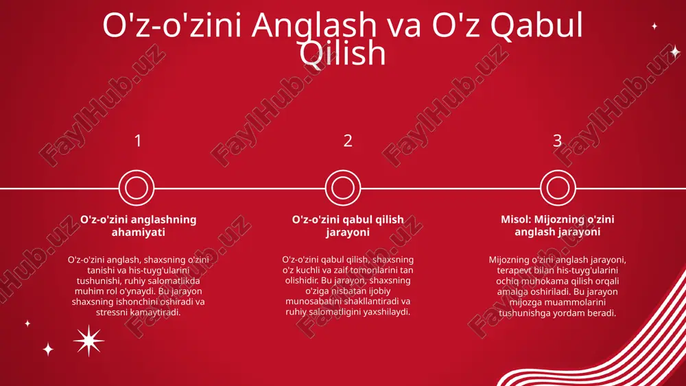 bog'liq. bu jarayon, stress va depressiya kabi ruhiy muammolarni kamaytirishga yordam beradi, shuningdek, o'z-o'zini anglashni kuchaytiradi. terapevtning roli terapevt, mijozning o'z-o'zini anglash jarayonida muhim rol o'ynaydi. u, mijozga o'z his-tuyg'ularini ifoda etishga yordam beradi va o'zini qabul qilishda qo'llab-quvvatlaydi. o'z-o'zini anglashning asosiy qadamlar 1 o'z-o'zini anglash jarayonining bosqichlari o'z-o'zini anglash jarayoni uch bosqichdan iborat: 1) o'zini tanish, 2) o'zini qabul qilish, 3) o'zini rivojlantirish. har bir bosqichda shaxs o'z hissiyotlari va fikrlarini anglaydi. 2 o'z-o'zini anglashda terapevtik yondashuvlar terapevtik yondashuvlar o'z-o'zini anglashni rivojlantirishda muhimdir. kognitiv-behavioral terapiya, psixodinamik terapiya va gumanistik yondashuvlar samarali usullar hisoblanadi. 3 mijozning o'zini anglash jarayonida qiyinchiliklar o'z-o'zini anglash jarayonida mijozlar ko'plab qiyinchiliklarga duch keladilar, masalan, o'z hissiyotlarini ifodalashda, o'zini qabul qilishda va o'zgarishlarga tayyor bo'lishda muammolar yuzaga kelishi mumkin. o'z qabul qilishning muhimligi o'z qabul qilish, insonning o'zini qanday qabul qilishi va o'ziga nisbatan qanday munosabatda bo'lishini anglatadi. bu ruhiy salomatlikka ijobiy ta'sir ko'rsatadi. o'z qabul …