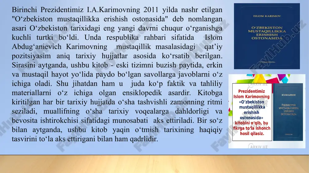 rayonlari, ma’naviy qadriyatlarning tiklanishi, milliy mustaqillik g‘oyasi va mafkurasi, fuqarolik jamiyati va boshqalarni o‘rganishdan iboratdir. “o’zbekistonning eng yangi tarixi” o’quv kursining asosiy vazifalari yangi dunyoqarash asoslarini, mafkuraviy immunitetni, yoshlar o‘rtasida mustaqil fikrlash ko‘nikmalarini shakllantirish, talabalar ongiga asosiy madaniy tushunchalar va tamoyillarni kiritish, "ma’naviy bo‘shliq" ning paydo bo‘lishiga yo‘l qo‘ymaslikdan iboratdir. bu, yosh avlodni vatanparvarlik ruhida tarbiyalash, unlarda insoniyatning ilg‘or g‘oyalari bilan uyg‘unlashgan ijodiy dunyoqarashni shakllantirishda juda muhim omil hisoblanadi. “o’zbekistonning eng yangi tarixi” o’quv kursining amaliy ahamiyati u kishilarda nafaqat mas’uliyat, vatanparvarlik, bag‘rikenglik hissini uyg‘otadi, balki mintaqa tarixi haqidagi tasavvurlarni kengaytirishga yordam beradi, davlat mustaqilligi siyosatining aniq masalalarini ishlab chiqishda, mamlakatda demokratik islohotlarni yanada chuqurlashtirish va fuqarolik jamiyati asoslarini mustahkamlashda faol ishtirok etadi. foydanildan adabiyotlar: 1.shavkat mirziyoev. biz milliy rivojlanish yo‘limizni yangi bosqichda ishonch bilan davom ettiramiz. 1-jild. t: “o‘zbekiston”, 2017 yil. 2. karimov i. mamlakatda demokratik islohotlarni yanada chuqurlashtirish va fuqarolik jamiyatini shakllantirish kontsepsiyasi.-t: “o‘zbekiston”, 2010 yil. 3. karimov …