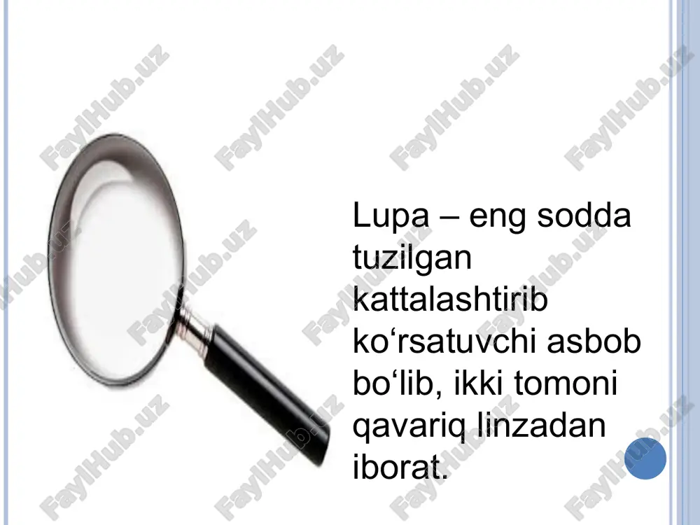 opda ko’rish usuli fazali kontrast mikroskopda ko’rishga oxshasada, unga nisbatan ko’proq imkoniyatga ega. masalan, uning yordamida bo’yalmagan tirik hujayralarning aniq tasvirini ularning quruq vaznini (massasini) aniqlash mumkin.interferension usulida bo’yalgan preparatlarning yadrosi, odatda qizilga, sitoplazmasi esa zangori ranga bo’yaladi lyuminestent (yoki flyuoretsent) mikroskopda ko’rish: lyuminetensiyada qator moddalarning atomlari (molekulalari) qisqa to’lqinli nurlanish yutar ekan, u qo’zg’algan holatga keladi. ularning qo’zg’algan holatdan normal holatga o’tishi esa yorug’likni katta to’lqin uzunligida tarqatib yuborish hisobiga bo’ladi. mikroskop bilan ishlash tartibi 1. stol chetidan 3-4 cm joy qoldirib mikroskopni joylashtiring. mikroskop bilan ishlash tartibi . 2. ko‘zguni yorug‘likka qarating. okulyardan qaraganda yorug‘lik bir tekis tushishi kerak. mikroskop bilan ishlash tartibi 3. ish jarayonida mikroskopni joyidan qo‘zg‘atmang. 4. tayyor preparatni buyum stolchasiga joylashtiring va qisqich bilan qotiring. 5. okulyarga bitta ko‘z bilan qarang, lekin ikkinchi ko‘zingizni yummang, pirpiratmang. 6. tubusni makrovint yordamida ohista ko‘taring. bu jarayonni tasvir hosil bo‘lguncha davom ettiring. mikroskop bilan ishlash tartibi * …