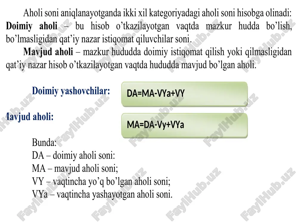 dindan athlil qilishdan iboratdir. aholining istiqboldagi sonini hisoblash global va yoshini siljitish usullari yordamida hisoblash mumkin. global usulda hisoblashda aholining yil boshidagi sonini (a 0 ), tabiiy o’zgarishi (k to’ ) yoki umumiy o’zgarishi koeffitsentlari boshlang’ich ma’lumot vazifasini bajaradi. buni quyidagi formula yordamida aniqlanadi. bu yerda a 1 va a 0 -aholining joriy yil oxiridagi va k eyingi yil boshidagi soni; 'to k -tabiiy o’zgarish (yoki umumiy o’zgarish) koeffitsi yentlari;           ' 2 1 ' 01 1 1 to to к к аа ;           ' 2 1 ' 12 1 1 to to к к аа va h.k. aholinig istiqboldagi sonining quydagi formula bilan ham aniqlash mumk in. t zokum a        1000 `. 1 0 bu yerda: 𝐾 𝑢𝑚.𝑜`𝑧 -umumiy o`sish koeffitsiyenti masalan o’zbekiston …