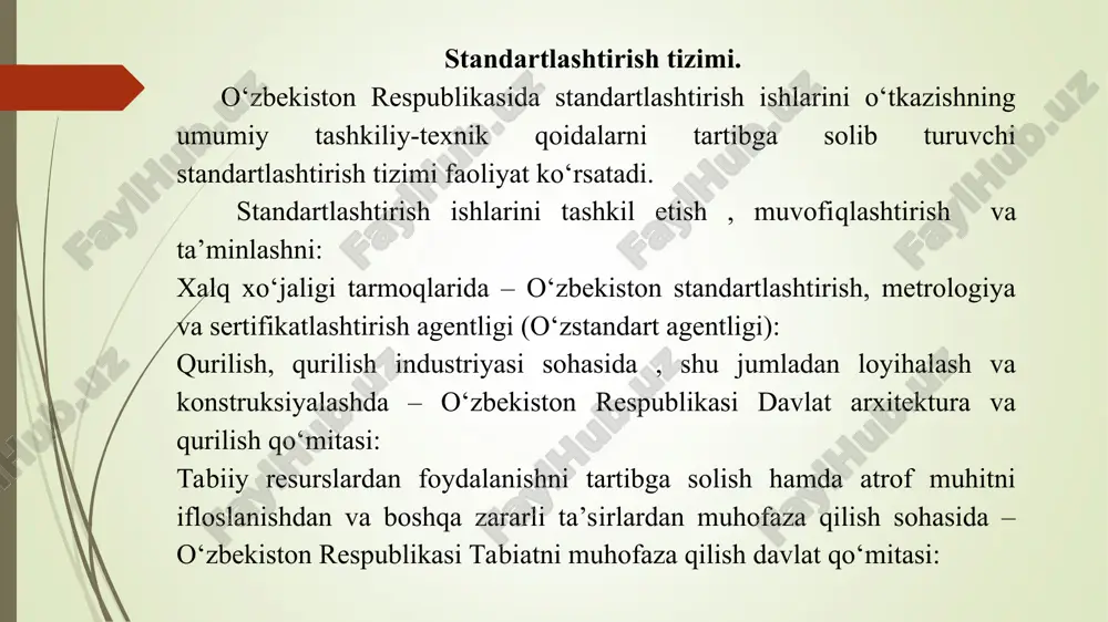 ari, bularda mahsulot tayyorlash, joyiga elitish va undan foydalanish talablari aks etgan bo‘ladi, sinash usullari va qabul qilish tartibi ko‘rsatiladi. -texnik talablar standartlari, bularda mahsulotni sifati, ishonchliligi va umrboqiyligi ko‘rsatkichlari me’yorlanadi, xizmat muddati belgilanadi va h.k. -sinash usullari standartlari, bularda sifatga baho berish uchun namunalarni ajratib olish tartibi, material va buyumlarni sinash uslublarini tanlashga doir talablar keltiriladi. bu standartlar sinash usullari va vositalarining birligini ( bir xil bo‘lishini) ta’minlaydi. bulardan tashqari sinash usullari standartlarida buyumlar sifatini nazorat qilishda ishlatiladigan o‘lchash asboblari ishlatiladigan o‘lchash asboblari va uskinalariga qo‘yiladigan talablar ham aks etgan bo‘ladi. -qobil qilish qoidalari, markalash, qadoqlash, eltish va saqlashga doir standartlarda, jumladan, buyumlarni qabul qilish tartibi, qabul qilish chog‘ida o‘tkaziladigan sinov dasturlari kabilar qonunlashtiriladi. buyumlarni tizimlashtirish hodisa yoki tushuncha bo‘lib, aniq bir sistemani tashkil qiluvchi, ishlatish uchun qulay bo‘lish ketma-ketligi va ma’lum tartibda joylashtirish maqsadida o‘tkaziladi. tizimlashtirishning yeng oddiy usullaridan biri ob’ektlarni alfavit tizimi bo‘yicha joylashtirishdir. tasniflashtirish-tizimlashtirishning turi hisoblanadi. …
