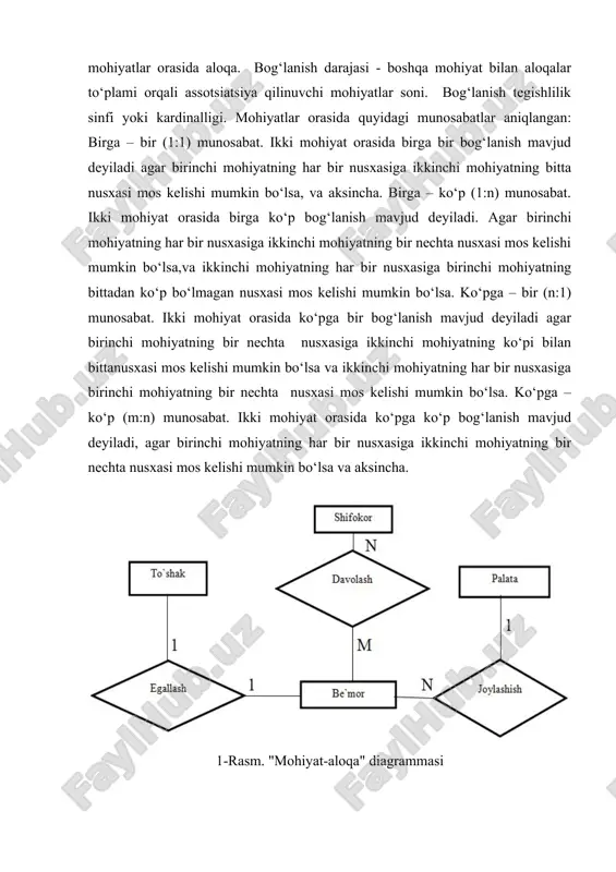 him rol o‘ynamoqda. sababi: jamiyat taraqqiyotining qaysi jabhasiga nazar solmaylik o‘zimizga kerakli ma‘lumotlarni olish uchun albatta, mbga murojaat qilishga majbur bo‘lamiz. demak, mbni tashkil qilish axborot almashuv texnologiyasining eng dolzarb hal qilinadigan muammolaridan biriga aylanib borayotgani davr taqozasidir. informatsion texnologiyalarning rivojlanishi va axborot oqimlarining tobora ortib borishi, ma‘lumotlarning tez o‘zgarishi kabi holatlar insoniyatni bu ma‘lumotlarni o‘z vaqtida qayta ishlash choralarining yangi usullarini qidirib topishga undamoqda. ma‘lumotlarni saqlash, uzatish va qayta ishlash uchun mbni yaratish, so‘ngra undan keng foydalanish bugo’ngi kunda dolzarb bo‘lib qolmoqda. moliya, ishlab chiqarish, savdo-sotiq va boshqa korxonalar ishlarini ma‘lumotlar bazasisiz tasavvur qilib bo‘lmaydi. ma‘lumki, mb tushunchasi fanga kirib kelgo’nga qadar, ma‘lumotlardan turli ko‘rinishda foydalanish juda qiyin edi. dastur tuzuvchilar ma‘lumotlarini shunday tashkil qilar edilarki, u faqat qaralayotgan masala ucho’ngina o‘rinli bo‘lardi. har bir yangi masalani hal qilishda ma‘lumotlar qaytadan tashkil qilinar va bu hol yaratilgan dasturlardan foydalanishni qiyinlashtirar edi. har qanday axborot tizimining maqsadi real muhit obyektlari …