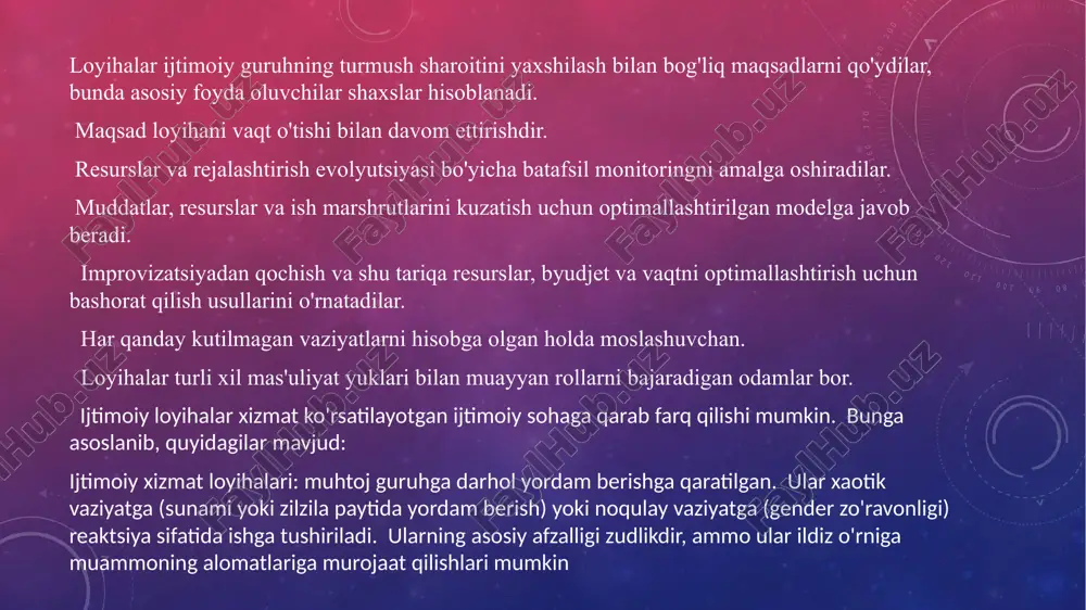 ni oldindan rejalashtirishdir. menimcha, yaxshi loyiha boshqaruvi quyidagi elementlarga tayanishi kerak: muammoni to‘g‘ri tahlil qilish, aniq maqsadlar belgilash, monitoring va natijalarni baholash. aynan shunday yondashuv barqarorlikni ta’minlaydi. men har bir bosqichda xalq fikrini, ularning ehtiyojlarini e’tiborga olish tarafdoriman. chunki loyiha muvaffaqiyati – xalq roziligi va ishtirokidadir nazarimda, loyihani boshqarishda inson omili eng asosiy resurs hisoblanadi. texnika, byudjet, grafikka amal qilish muhim, lekin agar unda ishtirokchilar ruhiy jihatdan ishtirok etmasa, u muvaffaqiyatsiz bo‘ladi. shuning uchun doimo loyiha ichida samarali kommunikatsiya, shaffoflik, tashabbuskorlik va ijtimoiy mas'uliyat bo‘lishi kerak, deb hisoblayman. ijtimoiy loyiha turlari va ularni samarali boshqarish yo’lari ijtimoiy loyihalar boshqa turdagi loyihalarga qaragnda boshqacha yondashuvni talab qialdi. ijtimoiy loyihaga qashoqlik, tengsizlik, ta’lim, sog’liqni saqlash yoki janiyatni rivojlantirish kabi ijtimoiy muamolarga qaratilgan tashabbuslar, aralashuvlar yoki ijtimoiy inovatsiyalarni amalga oshirish jarayoni sifatida qrashimiz mumkin. ijtimoiy loyihalarni bir qancha turlari mavjud bo’lib ularga quyidagilarni kiritishumuz mumkin: jamoa bog'lari: jamiyat salomatligini yaxshilash, yangi mahsulotlar bilan …