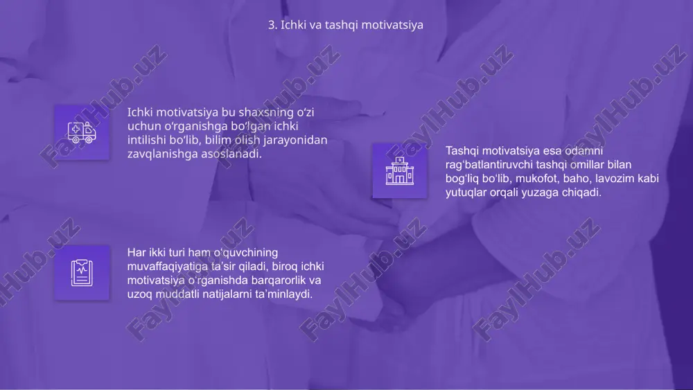 'zini rivojlantirishga zamin yaratadi. 16. o'z-o'zini motivatsiya qilish o'zini motvatsiya qilish ko'nikmasi doimiy mashq va ijobiy fikrlash bilan shakllanadi. har qanday muvaffaqiyat bu jarayonda katta rag'bat bo'ladi. kam motivatsiyali o'quvchilar ko‘pincha o‘rganishdan qochadi va ishtirokdan chetlashadi, shuning uchun rag'batlantirishning yangi usullarini topish juda muhimdir. bunday o‘quvchilarga individual yondashuv, shaxsiy qiziqishlarini aniqlab, ularni o‘quv jarayonlariga bog‘lash imkoniyatlari samarali natijalar beradi. ijobiy muhit yaratish, kichik yutuqlarni nishonlash va doimiy mulohaza orqali o‘quvchining o‘ziga bo‘lgan ishonchini oshirish zarur bo‘ladi. 17. kam motivatsiyali o'quvchilar bilan ishlash o'quv motivatsiyasi ta'lim jarayonida muhim rol o'ynaydi. talabaning o'z maqsadiga erishishi uchun ichki va tashqi motivatsiyalar zarur bo'ladi. motivatsiyani oshirish uchun samarali feedback, rag'batlantirish usullari, shaxsiy yondashuv va qulay o'quv muhitini yaratish muhim ahamiyat kasb etadi. kelajakda o'quv motivatsiyasini mustahkamlash uchun o'qituvchilar va ota-onalar hamkorlikda ish olib borishlari zarur bo'ladi, bu natijalarga olib keladi. 27% 27% 46% 18. xulosa va tavsiyalar e’tiboringiz uchun rahmat image1.png image2.png image3.png image4.gif …