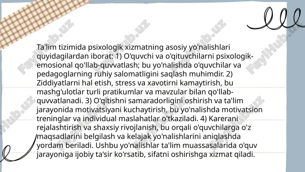 irishda muhim ahamiyatga ega. 2022-yilda o'zbekistonda 4000 dan ortiq psixolog o'qituvchilarga va o'quvchilarga yordam berish bilan shug'ullangan. har bir maktabda o'rtacha 2 psixolog faoliyat yuritadi. tadqiqotlar shuni ko'rsatadiki, psixologik yordam olish natijasida o'quvchilarning akademik ko'rsatkichlari 15% ga yaxshilanadi. shuningdek, stress va depressiya belgilarida 30% kamayish kuzatiladi. 2023-yilning birinchi yarmida 5000 dan ortiq o'qituvchi va o'quvchilarga individual konsultatsiyalar o'tkazilgan. ta'lim muassasalarida psixologik yordam turlariga stress boshqaruvi, motivatsiyani oshirish va ijtimoiy ko'nikmalarni rivojlantirish kiradi. psixologlar tomonidan ishlab chiqilgan dasturlar o'quvchilarning ruhiy holatini barqarorlashtirishga va o'qituvchilarning motivatsiyasini oshirishga qaratilgan. ... t.me/slaydai_bot 1. stressni boshqarish uchun nafas olish mashqlari muhim: chuqur nafas olish miyani kislorod bilan ta'minlab, stressni kamaytiradi. 2. harakat qilish: jismoniy mashqlar, ayniqsa, 30 daqiqa davomidagi yurish yoki sport, stressni sezilarli darajada kamaytiradi. 3. dam olish va meditatsiya stress darajasini tushiradi. har kuni 10-15 daqiqa meditatsiya qilish tavsiya etiladi. 4. tuzilgan vaqt jadvali va yaxshi rejalashtirish stres ishlab chiqaruvchi vaziyatlarni kamaytiradi. 5. …
