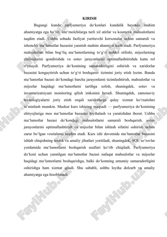 yalar, xususan rfid (radio frequency identification) tizimlari, mahsulotlarni avtomatlashtirilgan tarzda kuzatib borish imkonini beradi. mckinsey hisobotiga ko‘ra, rfid texnologiyasidan foydalanish inventarizatsiya jarayonini 90% ga tezlashtiradi va xatoliklarni sezilarli darajada kamaytiradi. misol uchun, yirik do‘konlar mahsulotning omborga kelgan vaqtidan boshlab sotuvga chiqqunga qadar bo‘lgan jarayonni real vaqt rejimida kuzatib boradilar. mahalliy do‘konlar ham bu texnologiyani joriy qilish orqali mahsulotlarni tartibli boshqarishlari mumkin. bu nafaqat yo‘qotishlarni kamaytiradi, balki ortiqcha buyurtmalarni oldini olishga ham yordam beradi. parfyumeriya do‘konlarining ish jarayonlarini samarali boshqarish uchun zamonaviy texnologiyalarni joriy etish, mijozlar bilan individual yondashuvni yo‘lga qo‘yish va ma’lumotlarni aniq tahlil qilish zarur. yirik global kompaniyalar tajribasi shuni ko‘rsatadiki, avtomatlashtirilgan tizimlar va elektron tijorat platformalaridan foydalanish raqobatbardoshlikni oshiradi. mahalliy bozor uchun ushbu tajribalarni moslashtirib, do‘kon faoliyatini optimallashtirish va daromadni oshirish mumkin. shu sababli, maxsus ma’lumotlar bazasini yaratish va uni do‘kon ish jarayonlariga integratsiya qilish dolzarb masala hisoblanadi. 1.2 ma’lumotlar bazasini loyihalash ma’lumotlar bazasi tizimlaridan foydalanish zamonaviy parfyumeriya …
