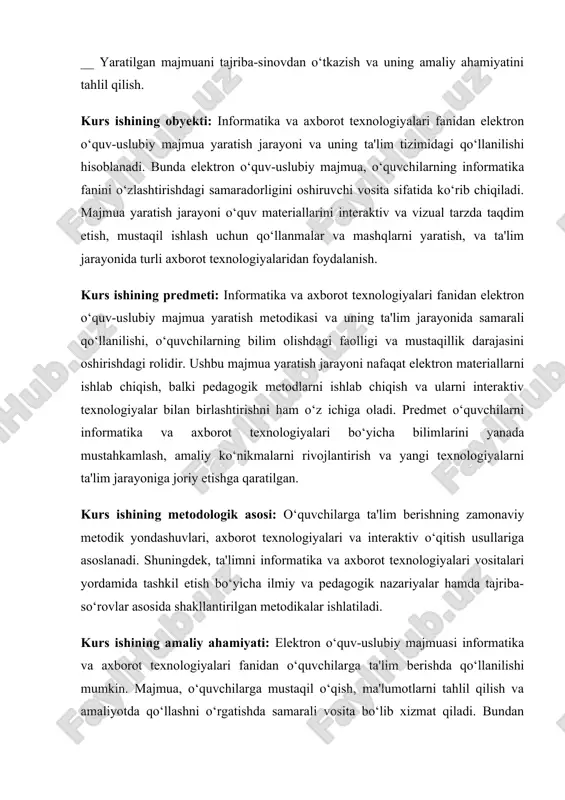 yalari bilan ta`minlash“ zarurati e`tirof etilgan va uning ikkinchi va uchinchi bosqichlarida bajariladigan jiddiy vazifalardan biri sifatida belgilangan”. hozirda oliy ta`lim muassasalarida “kadrlar tayyorlash milliy dasturi” talablarini amalga oshirish hamda yosh avlodni yuqori saviyada tarbiyalashni ta`minlash maqsadida milliy qadriyatlar singdirilgan fanlar bo`yicha elektron o`quvuslubiy majmualar yaratish davlat ahamiyatiga ega bo`lgan masalalar qatoriga qiritilgan. bugungi kunda ilm-fan jadal taraqqiy etayotgan, zamonaviy axborotkommunikatsiya vositalari keng joriy etilgan jamiyatda barcha fan sohalarida bilimlarning tez yangilanib borishi, ta`lim oluvchilar oldiga ularni tez va sifatli egallash bilan bir qatorda, muntazam va mustaqil ravishda bilimlarni egallash vazifasini qo`ymoqda. shuning uchun milliy istiqlol g`oyasiga sodiq, etarli intellektual salohiyatga ega, ilm-fanning zamonaviy yutuqlari asosida mustaqil fikr va mushohada yurita oladigan shaxslarni tarbiyalash hamda raqobatbardosh, yuqori malakali kadrlarni tayyorlash masalasi elektron o`quv-uslubiy majmua (eo`um) larining yangi avlodini yaratishni talab qilmoqda. kadrlar tayyorlash milliy modeli talablariga mos keladigan hamda davlat ta`lim standartlari asosida ishlab chiqilgan “uzluksiz ta`lim tizimi uchun o`quv …