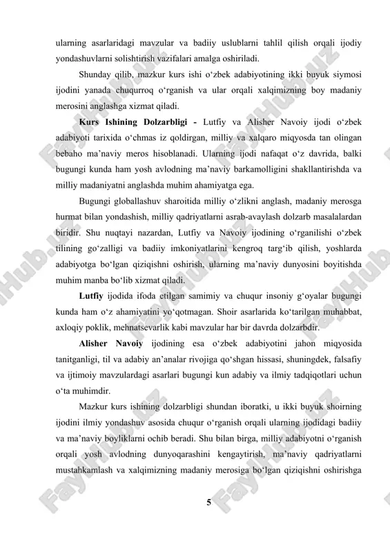 ashriyoti. ] lutfiy va navoiy ijodini qiyoslash orqali o‘zbek adabiyotida turli davrlardagi badiiy uslub, mavzu va g‘oyalarning rivoji o‘rganiladi. tadqiqot natijalari kelgusida o‘zbek adabiyotiga oid ilmiy ishlar, darslik va qo‘llanmalar uchun nazariy asos bo‘lib xizmat qiladi .lutfiy va navoiy asarlarida aks etgan insoniylik, adolat, mehnat va muhabbat kabi abadiy qadriyatlar bugungi yosh avlodni ma’naviy tarbiyalashda muhim vosita hisoblanadi. lutfiy va navoiy o‘z asarlari orqali o‘zbek tilining badiiy imkoniyatlarini namoyon qilgan. ularning ijodini o‘rganish milliy til va madaniyatga bo‘lgan hurmatni oshiradi.ish natijalari maktab, kollej va oliy ta’lim muassasalarida o‘zbek adabiyoti fanini o‘qitishda foydalanilishi mumkin. lutfiy va navoiy ijodini o‘rganish teatr sahnalari, adabiy kechalar va boshqa madaniy tadbirlarni tashkil etishda g‘oyaviy asos bo‘lib xizmat qilishi mumkin. kurs ishida keltirilgan tahlillar va xulosalar yoshlar uchun milliy adabiyotning boyligini chuqurroq anglash imkonini beradi. shunday qilib, ushbu kurs ishi milliy adabiyot va madaniyatimizni o‘rganishda muhim ahamiyatga ega bo‘lib, ilmiy va amaliy jihatdan ham dolzarb masalalarni …