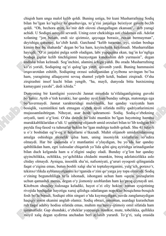 hbatlarda namoyon bo’ladi. muloqot jarayoni o‘ta sinkretik tabiatga ega bo‘lib,unda xarakterlarning o‘zlarini tutishlari, holati va kayfiyatlari yaqqol namoyonbo‘ladi. shu sababli adib bunday hayotiy holat, vaziyatda xarakterlarning faoliyatini tabiiy tasvirlashga intiladi. ruhiyat tovlanishlarini ochishning ob’ektiv yo‘li hamma vaqt muallif bayoni vositasida olib boriladi. bunday bayon goh xarakterlarning tashqi qiyofalari yoki xatti-harakatlari tasviriga ko‘chsa, goh ularning nutqlarini yoxud ichki tuyg‘ularini ilg‘ashga ko‘chadi. xarakter ruhiyati, nutqi va harakatidagi g‘alayonni to‘g‘ri, tabiiy uyg‘unlikda tasvirlanishi badiiy asarning hayotiyligini ta’minlaydi. muloqot jarayonida xarakterlar ruhiyatini ochishda shuhratkatta tajriba orttirgan. shu bois, uning qahramonlari o‘rtasidagi barcha muloqotlar kishiga qattiq ta’sir qiladi, muloqot ishtirokchilarining ruhiyati aniq 38 sezilib turadi. bunga adib so‘z, xatti-harakat va holat tasvirini birgalikda, uyg‘unlikda olib borish, aniqrog‘i, ruhiyat tasvirining sintetik usulini qo‘llash orqali erishadi. umuman olganda, romanlarda xarakterlar ruhiyatini ochishda personajlar o‘rtasida muloqotlar juda ko‘p foydalanilgan. bu muloqotlar asarning g‘oyaviy yo‘nalishi, ijodkorning maqsadi, asarning konsepsiyasini aniqlab berishdan tashqari unga kuchli ta’sirchanlik, keskin dramatizm va hayotiylik …