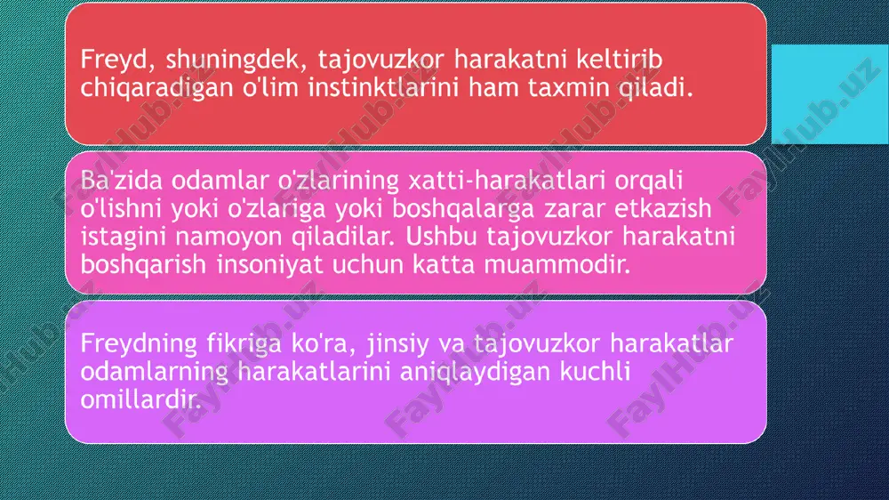 animizni yoki his qilayotganimizni ko'rsatadi. garchi bu his-tuyg'ular bostirilgan bo'lsa-da, ular biz kutmagan paytda yashirincha chiqib ketish usuliga ega. ishqiy sherigingizni siz bilan birga ishlaydigan odamning ismini chaqirish oddiy xato bo'lishi mumkin, ammo freyd bu sizning hamkasbingiz uchun jinsiy istaklaringizni bostirganingizning belgisi bo'lishi mumkinligini aytadi. repressiya va fobiya fobiyalar repressiya qilingan xotira xatti-harakatlarga qanday ta'sir qilishda davom etishi mumkinligiga misol bo'lishi mumkin. masalan, yosh bolani it tishlagan. keyinchalik ularda itlarga nisbatan kuchli fobiya paydo bo'ladi, lekin bu qo'rquv qachon va qanday paydo bo'lganligini eslay olmaydi. ular it bilan bo'lgan qo'rqinchli tajribaning og'riqli xotirasini bostirishdi, shuning uchun ular qo'rquvi qaerdan kelganini bilishmaydi. rad etish/denial rad etish mijozning ma'lum bir vaziyatga oid ma'lum faktlarni tan olishdan bosh tortishi (baumeister va boshq., 1998) yoki o'ziga xos his-tuyg'ular, fikrlar yoki hatto idroklarning mavjudligini inkor etishini anglatadi (cramer, 1991, 2006).faktlarni tan olmagan holda, mijoz dunyoning ma'lum bir holatidan va uning oqibatlaridan - yoki hatto o'zidan …