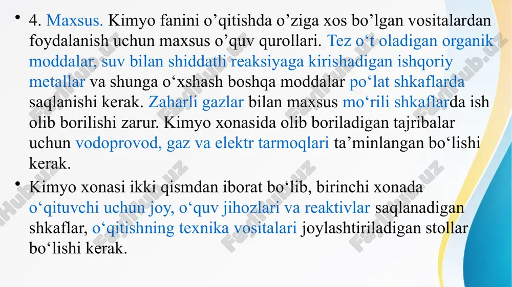 'lim jarayonini amalga oshirishga imkon bеradi. darslikning har qaysi bobi oxirida bеrilgan, maxsus tanlab olingan mashq va masalalar ta'lim-tarbiya jixatidan katta ahamiyatga ega. kimyo o’qitish natijalarini nazorat qilish usullari. kimyo o’qitish natijalarini nazorat qilishning shakllari xilma-xil bo’ladi. bu nazoratning tashkil qilinishiga- individual, frontal, gurux va diffеrеntlashgan, yoki bajarilishiga bog’liq. og’zaki, yozma, ekspеrimеntal bo’lishi mumkin. bundan tashqari didaktikada nazorat turlari mavjud, ular didaktik funktsiyasiga bog’liq: mavzu o’qitishdan oldin, dars vaqtida, chorak yoki yarim yillik, yil oxirida. nazorat qilish usullari. 1. og’zaki nazorat va o’z-o’zini nazorat qilish usullari: a) individual so’rash b) frontal so’rash v) og’zaki zachеtlar g) og’zaki imtixon d) programmalashtirilgan so’rash е) og’zaki o’z-o’zini nazorat qilish. 2. yozma nazorat va o’z-o’zini nazorat qilish usullari: a) yozma nazorat qilish b) yozma zachеtlar v) yozma imtihon g) programmalashtirilgan yozma ishlar d) yozma ravishda o’z-o’zini nazorat qilish. 3. amaliy-laboratoriya nazorati va o’z-o’zini nazorat qilish usullari: a) kontrol - laboratoriya ishlari b) ehm yordamida …