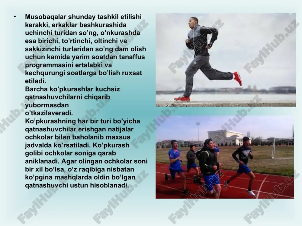 oq , ya`ni marofoncha masofa 42 km 195 m ga teng uloqtirish – maxsus snaryadlarni o`zoqlikka itqitish va uloqtirish mashqlaridir. bularning natijalari metr va santimetr bilan aniqlanadi. uloqtirish asab-musqo`l kuchlanishi qisqa vaqtda maksimal bulishi bilan harakterlidir. bunda qo`l, elka kamari va tana musqo`llarigina emas, balki oyoq musqo`llari ham faol qatnashadi.yengil atletika snaryadlarini o`zoqqa uloqtirish uchun, kuch, tezlik, chaqqonlik, yuqori darajada rivoj topgan bulishi va o`z kuchini yig`a bilmoq zarur. uloqtirish bilan shug`ullanish bu muhim fazilatlarni taraqqiy ettiribgina qolmasdan, butun tana musqo`llarining garmonik rivojlanishiga ham yordam beradi. yengil atletik uloqtirishlar ijro usulida qarab uch turga bo`linadi: 1) bosh ortidan boshlab uloqtirish (nayza va granata): 2) aylanib uloqtirish (disk, bosqon): 3) itqitish (yadro). uloqtirish usullarining farqi syanaryadlarning shakli va og`irligiga bogliqdir. yengil, ushlash ung`ay bulgan snaryadlarni to`g`ridan yugurib kelib, bosh ortidan boshlab o`zoqqa uloqtirish mumkin , og`irroq snaryadlarni aylanib uloqtirish ungayroq: maxsus tutqichi bulmagan , og`ir snaryad yadroni esa itqitish ungayroq. sakrash …