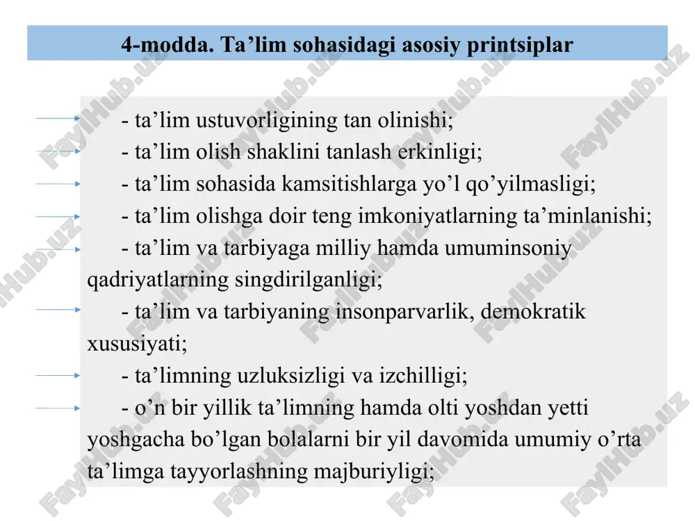 cha yashash joylari bilan ta’minlanadi. to’lov-shartnoma asosida ta’lim oluvchilarga imtiyozli bank kreditlari berilishi mumkin. nodavlat ta’lim tashkilotlari ta’lim oluvchilarni ijtimoiy himoya qilishni qonun hujjatlariga, o’z ustaviga va (yoki) boshqa ta’sis hujjatiga muvofiq amalga oshiradi. davlat ijtimoiy himoya qilishni ta’minlash maqsadida kam ta’minlangan oilalardagi bolalar, jismoniy, aqliy, sensor (sezgi) yoki ruhiy nuqsonlari bo’lgan bolalar (shaxslar) uchun, shuningdek mazkur toifadagi ta’lim oluvchilarning kasbiy o’sishi uchun shart-sharoitlar yaratadi. 52-modda. ta’lim oluvchilarni ijtimoiy himoya qilish 54-modda. yetim bolalarni va ota-onasining yoki boshqa qonuniy vakillarining qaramog’idan mahrum bo’lgan bolalarni o’qitish va ularning to’liq ta’minoti etim bolalarni va ota-onasining yoki boshqa qonuniy vakillarining qaramog’idan mahrum bo’lgan bolalarni o’qitish va ularning to’liq ta’minoti o’zbekiston respublikasi davlat byudjeti mablag’lari hisobidan amalga oshiriladi. 55-modda. jismoniy, aqliy, sensor (sezgi) yoki ruhiy nuqsonlari bo’lgan bolalarni (shaxslarni) o’qitish hamda tarbiyalash jismoniy, aqliy, sensor (sezgi) yoki ruhiy nuqsonlari bo’lgan, shuningdek uzoq vaqt davolanishga muhtoj bo’lgan bolalarni o’qitish hamda tarbiyalash uchun davlat ixtisoslashtirilgan ta’lim …
